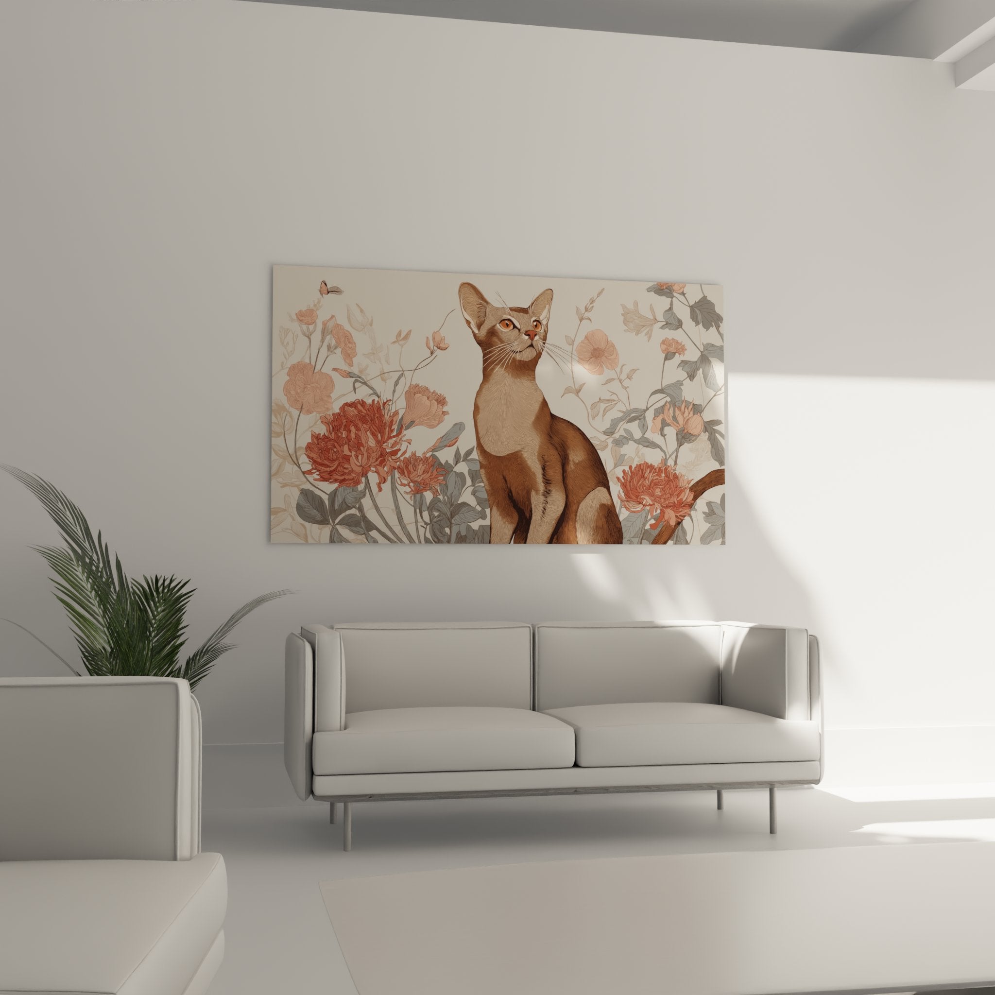 Dettaglio quadro gatto Abissino occhi ambra espressivi con crisantemi rosa stile illustrazione botanica