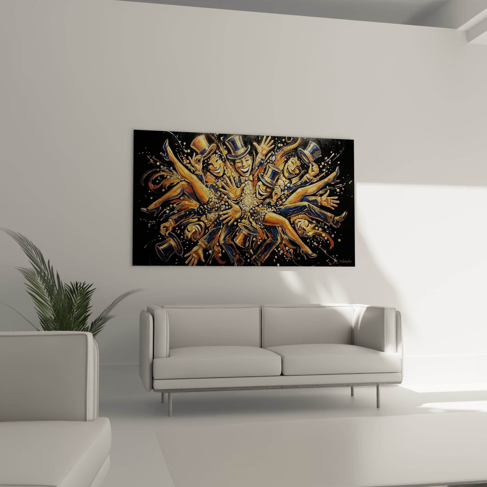 Dettaglio del quadro che mostra i volti sorridenti dei ballerini e gli effetti dorati scintillanti della pittura