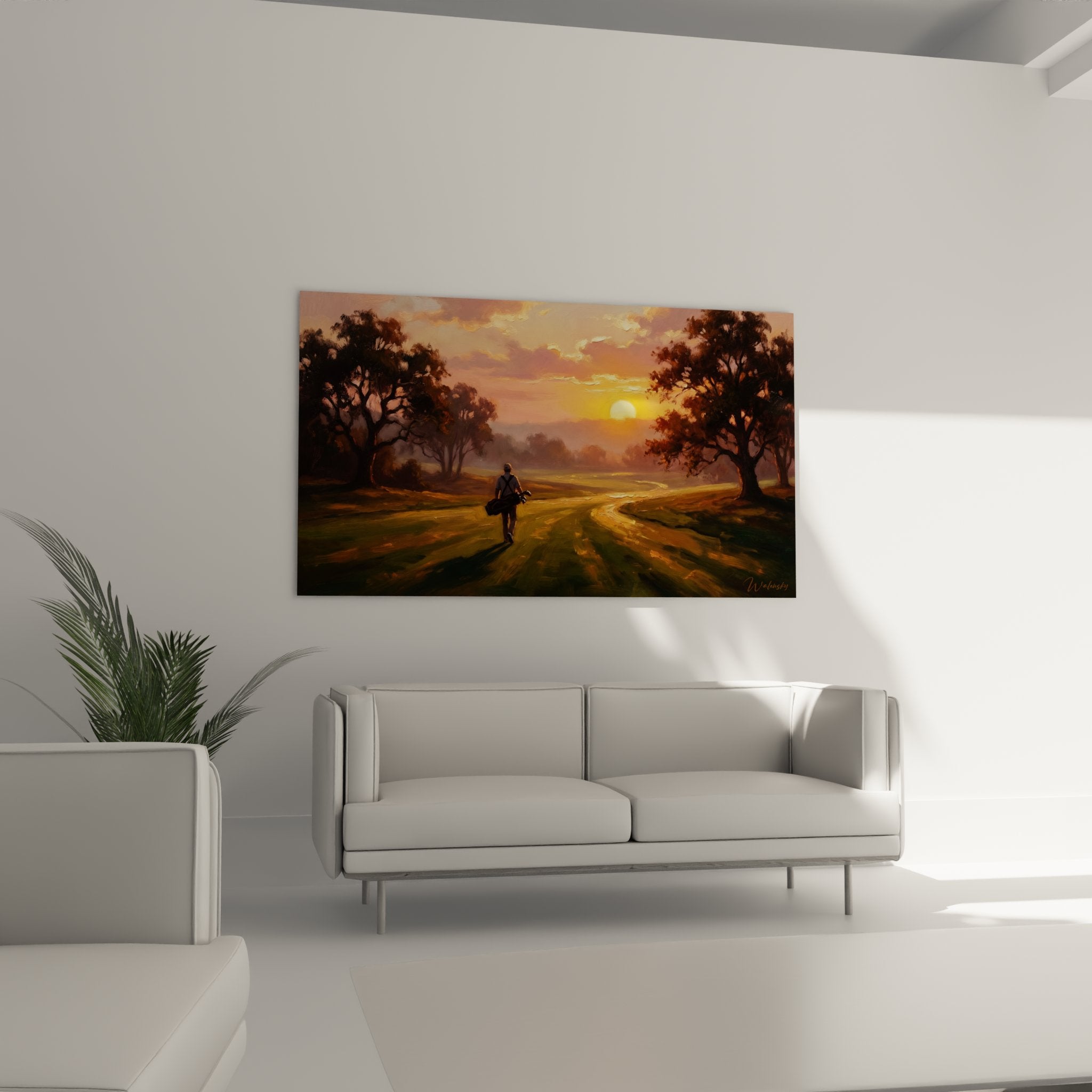 Détail du tableau golf montrant les couleurs dorées du coucher de soleil et la silhouette du golfeur