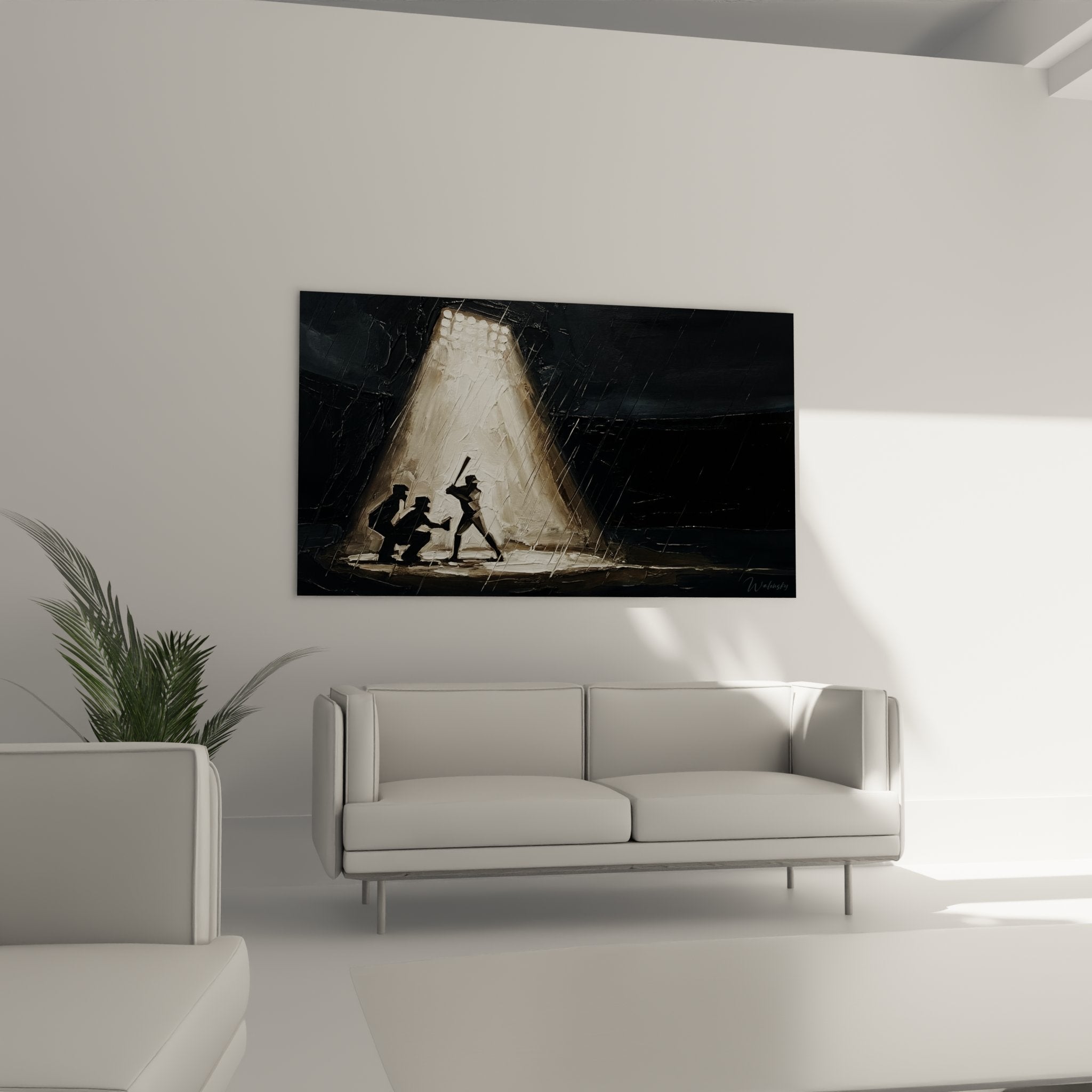 Detail texture peinture tableau baseball montrant coups de pinceau expressifs et contrastes