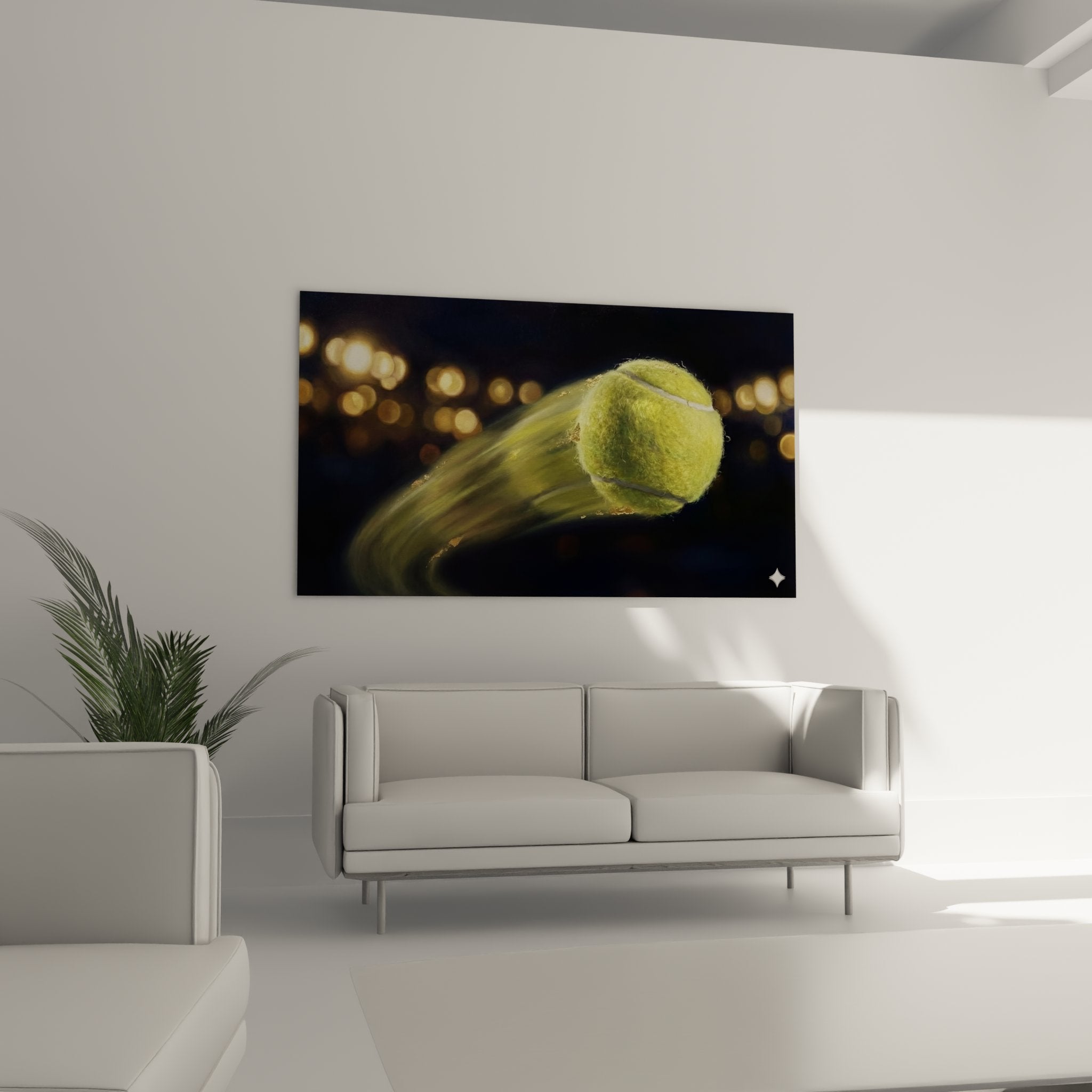 Gros plan artistique balle de tennis avec effets de vitesse et flou de mouvement sur texture detaillee