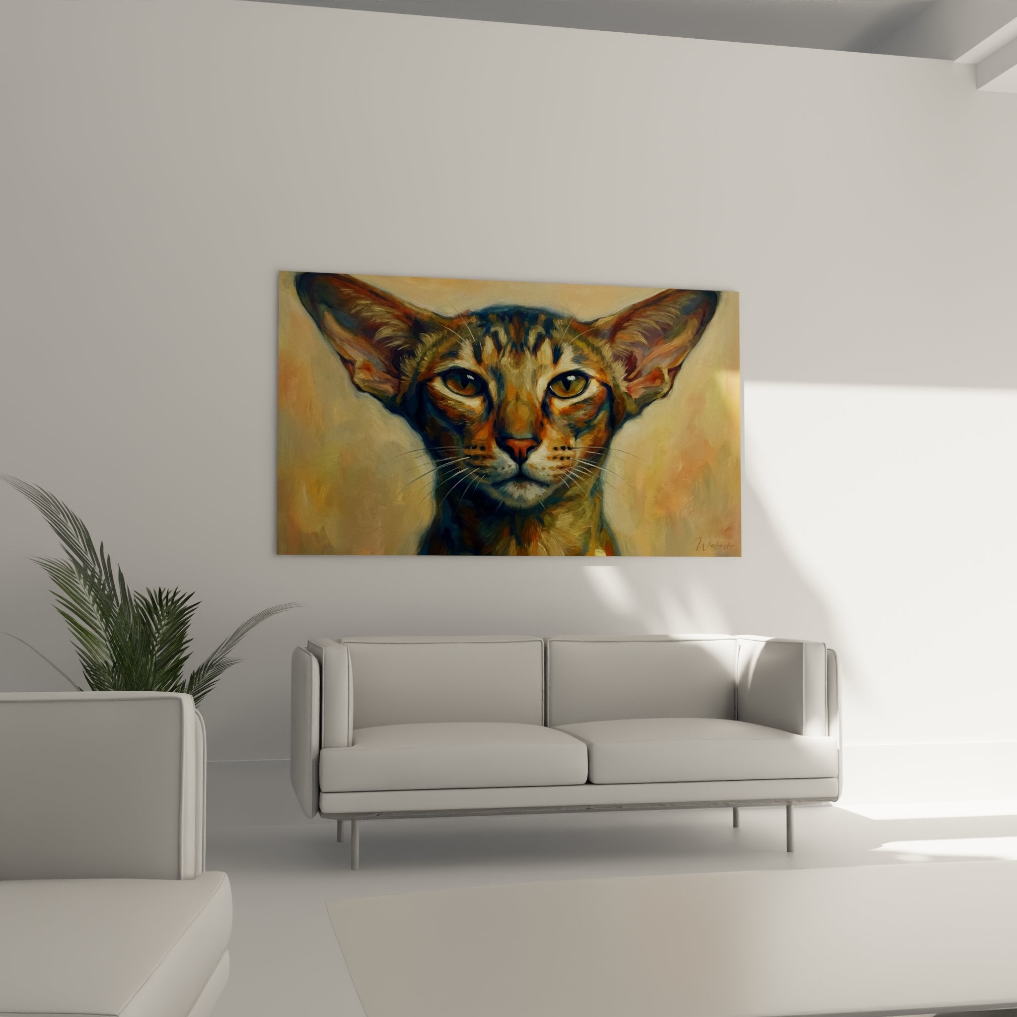 Dettaglio dello sguardo intenso del gatto Oriental Shorthair, occhi dorati espressivi e tecnica pittorica visibile al pennello