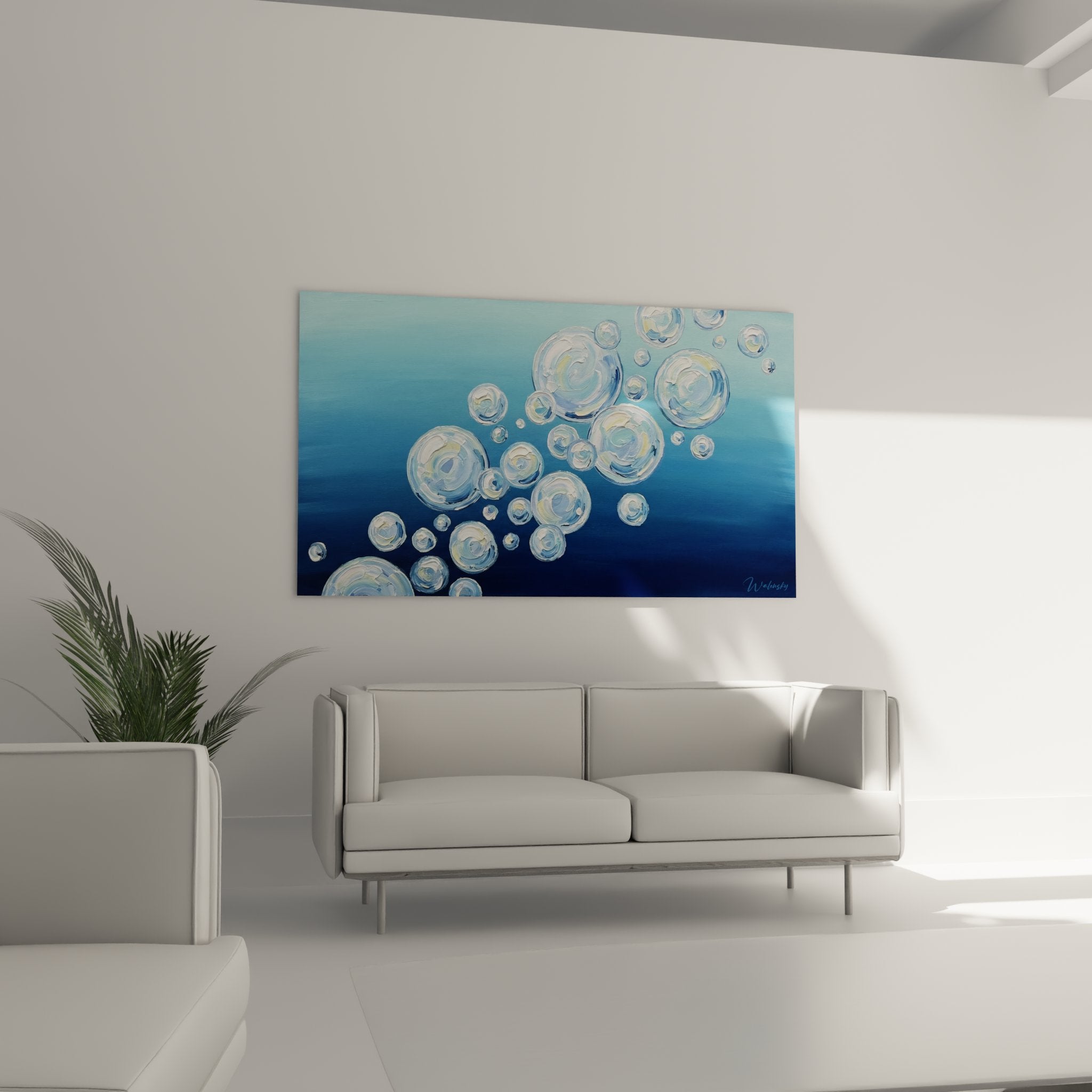 Gros plan sur bulles d air peintes detail artistique reflets iridescents eau bleue tableau plongee