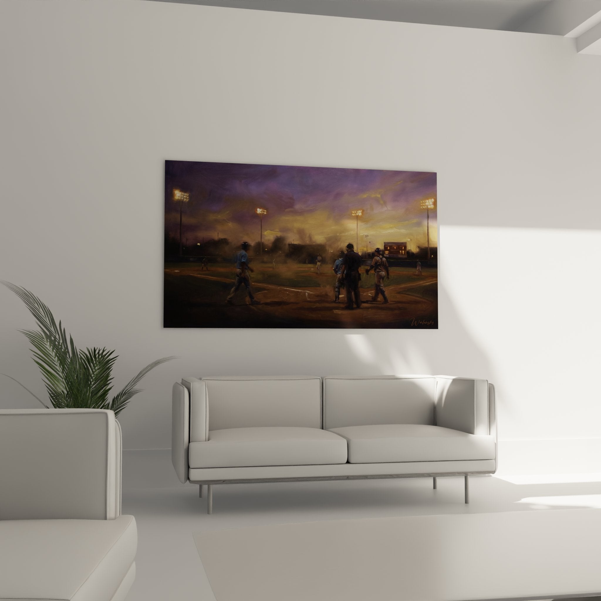 Détail tableau baseball nocturne, joueurs sous projecteurs dorés, technique picturale impressionniste