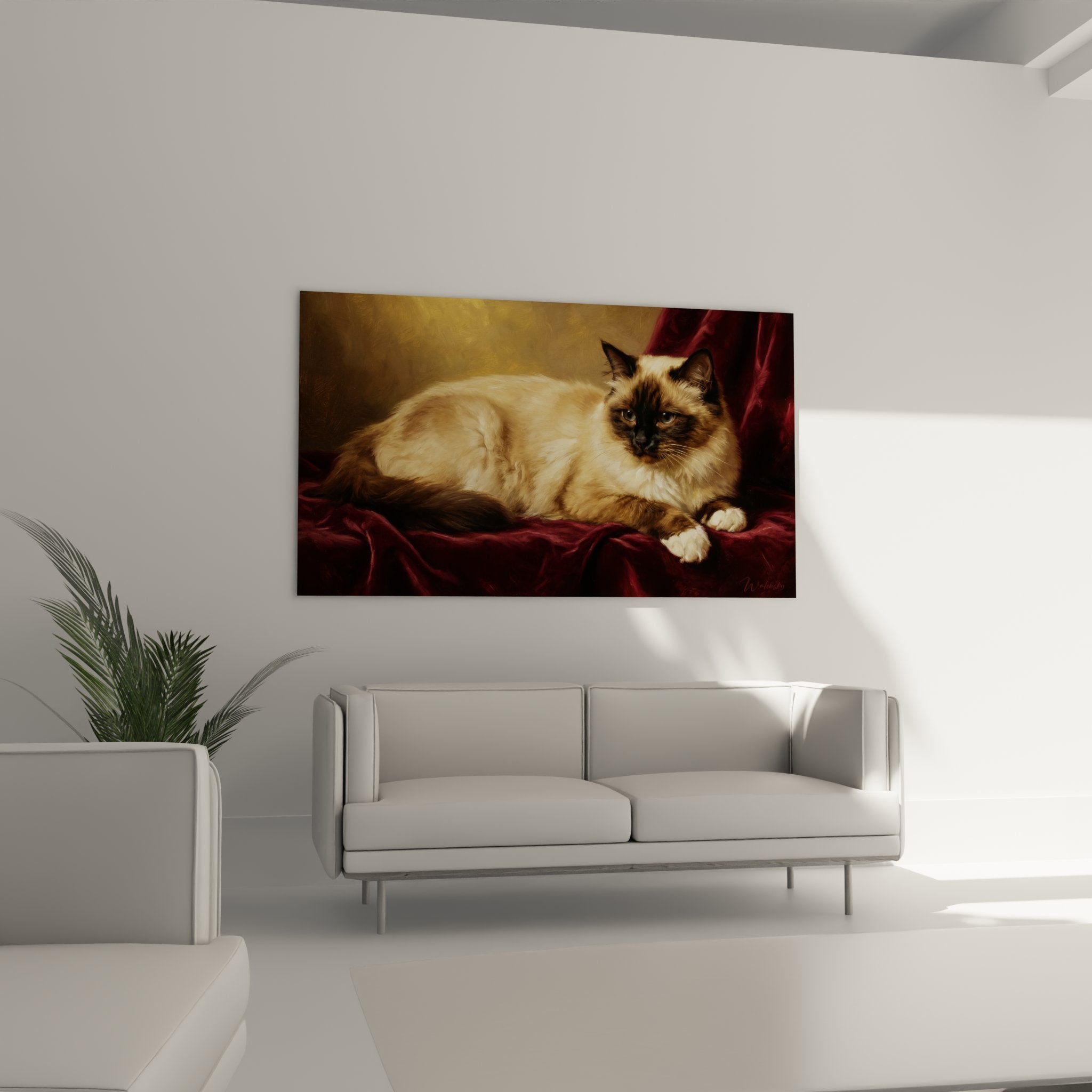 Primo piano di gatto birmano con mantello crema e punti colorati, espressione nobile e occhi blu