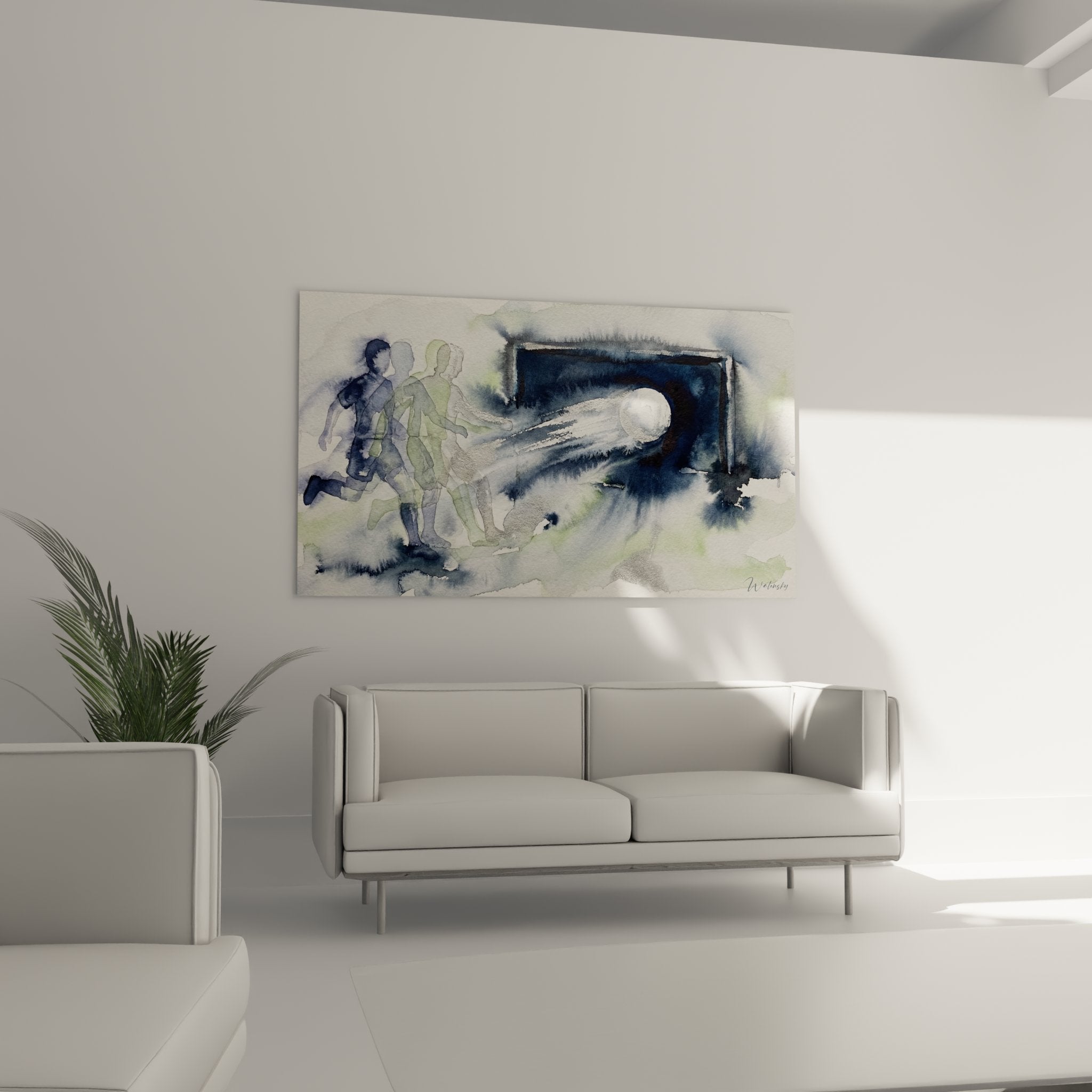 Detail texture aquarelle tableau football, pinceau fluide couleurs bleues et vertes melangees