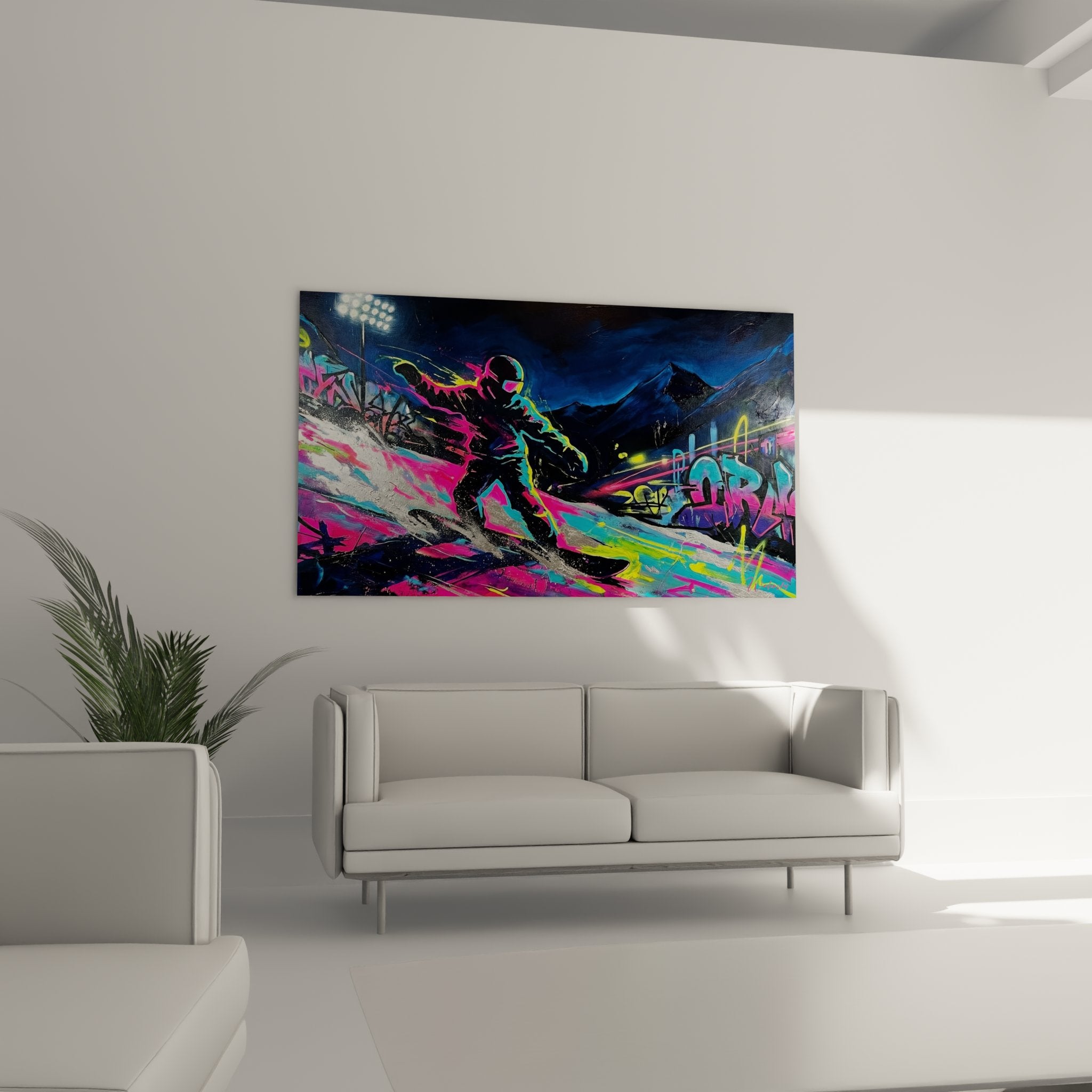 Detail tableau snowboard street art couleurs fluo rose cyan jaune avec effet graffiti et coulures