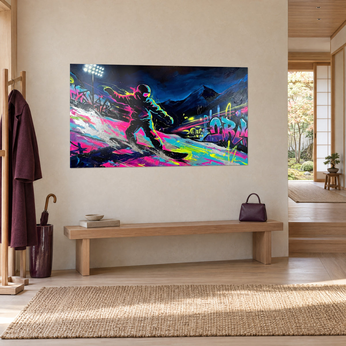 Gemälde Nacht-Snowboarder in strukturiertem Acryl, silberne Spur, cyanfarbene und magentafarbene Schlieren, mitternachtsblauer Berg, dreiviertel Ansicht neben einer Holzbank