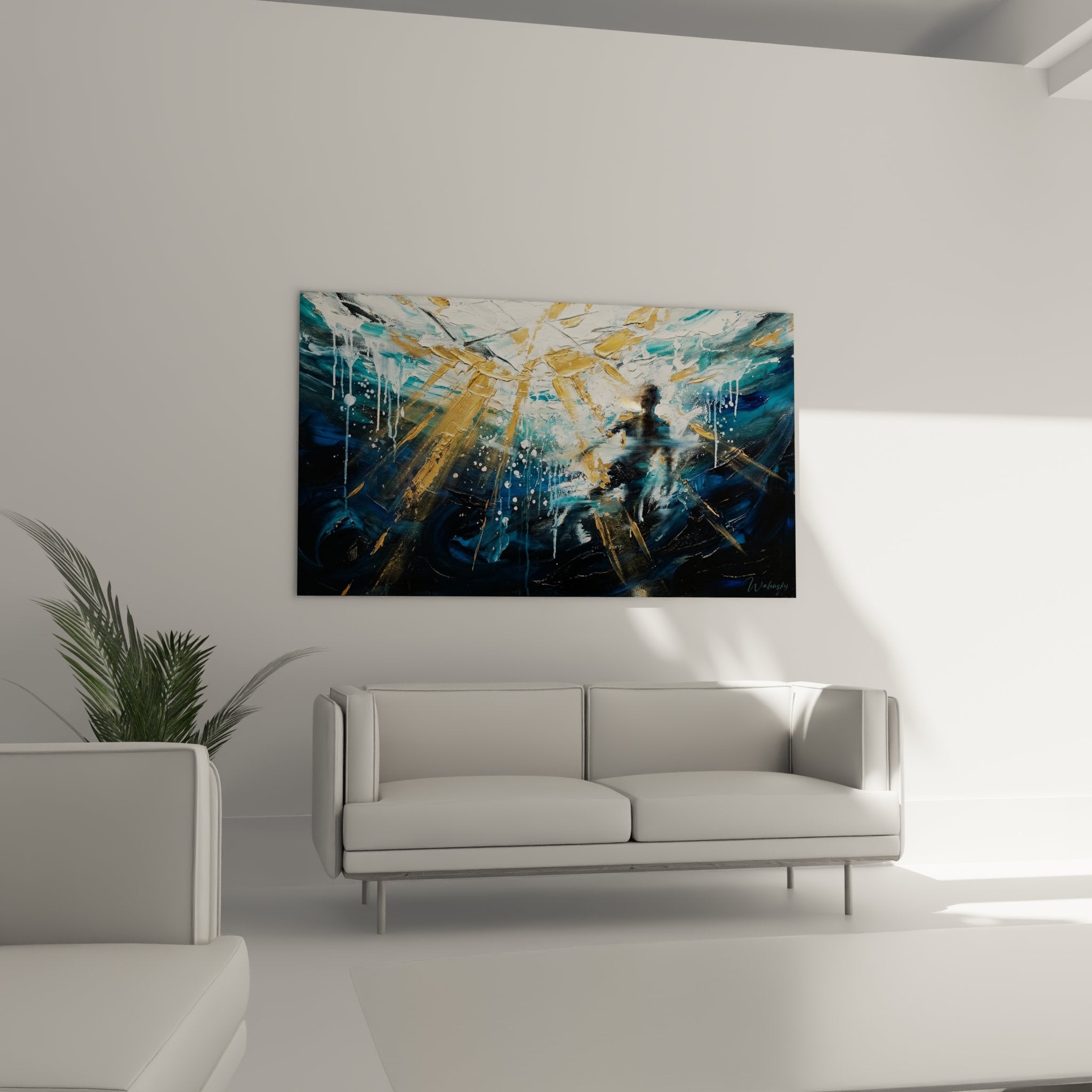 Détail peinture sous-marine - texture dorée et bleue avec effets lumière aquatique moderne