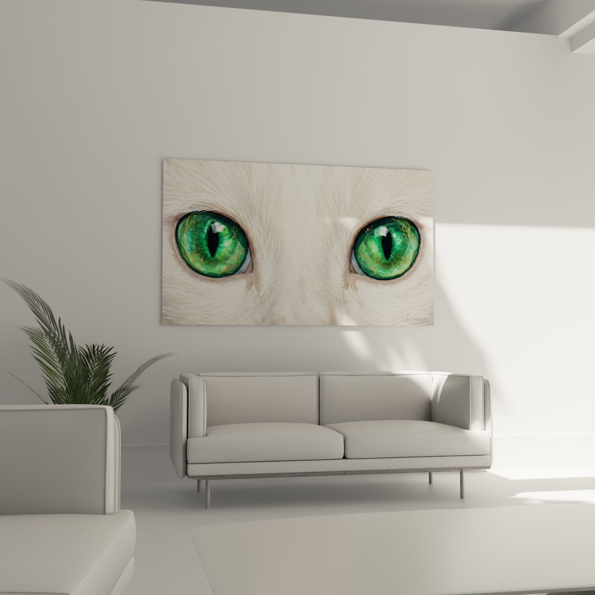 Detail yeux verts chat Khao Manee tableau artistique iris emeraude reflets dores pelage blanc texture realiste art felin