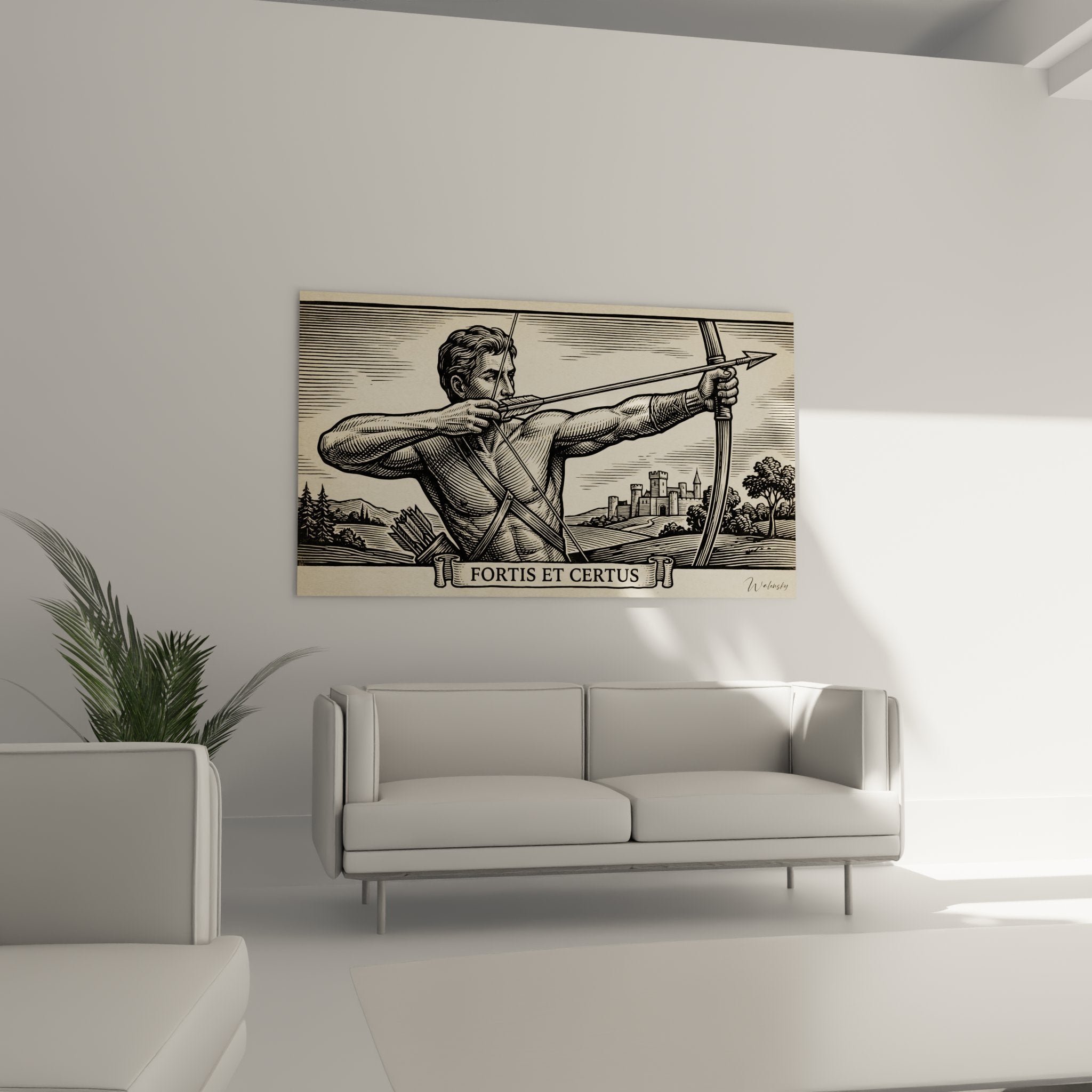 Detail of archer in shooting position, vintage engraving style black and beige
