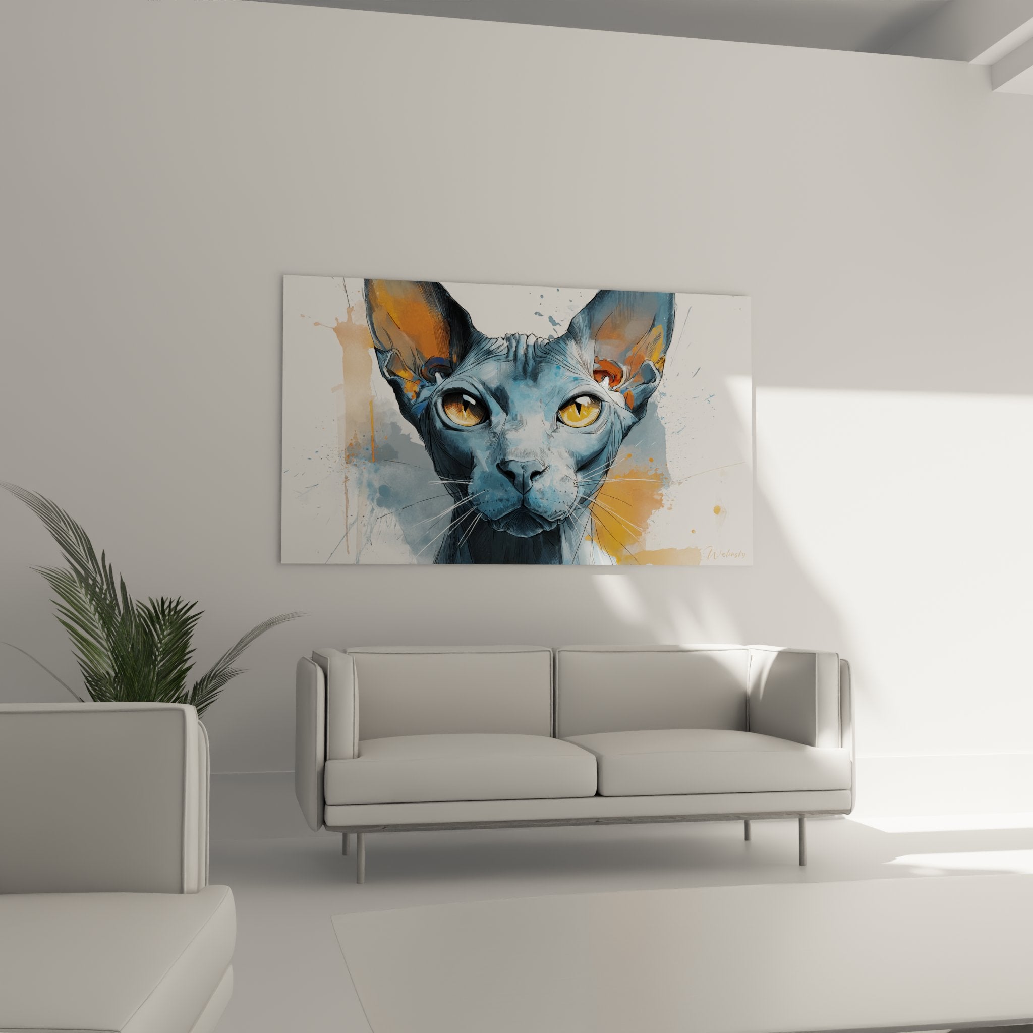 Dettaglio ritratto gatto Sphynx acquerello, occhi ambrati e tecnica pittura moderna