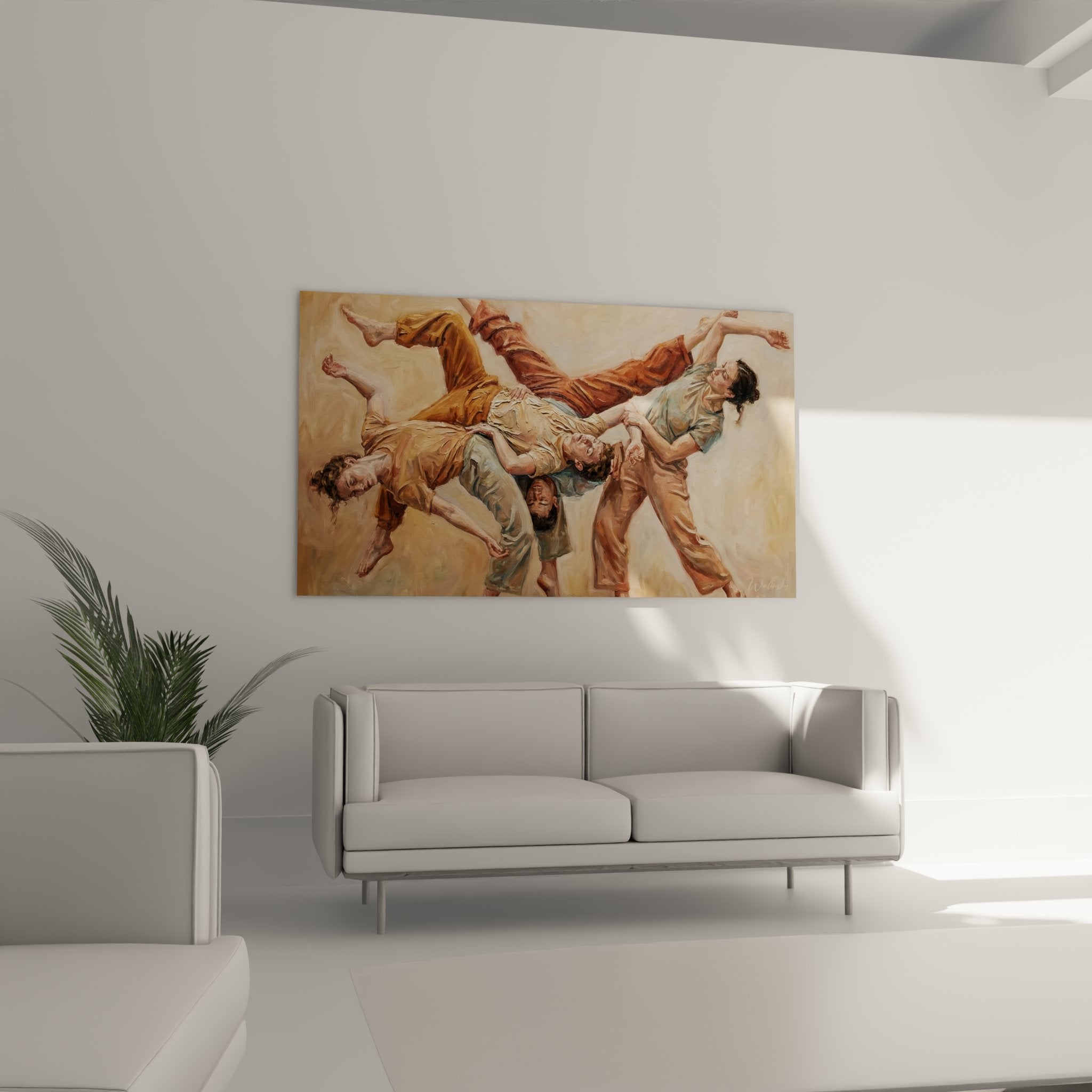 Dettaglio del quadro di danza che mostra la gestualità espressiva dei performer in costumi fluidi colorati