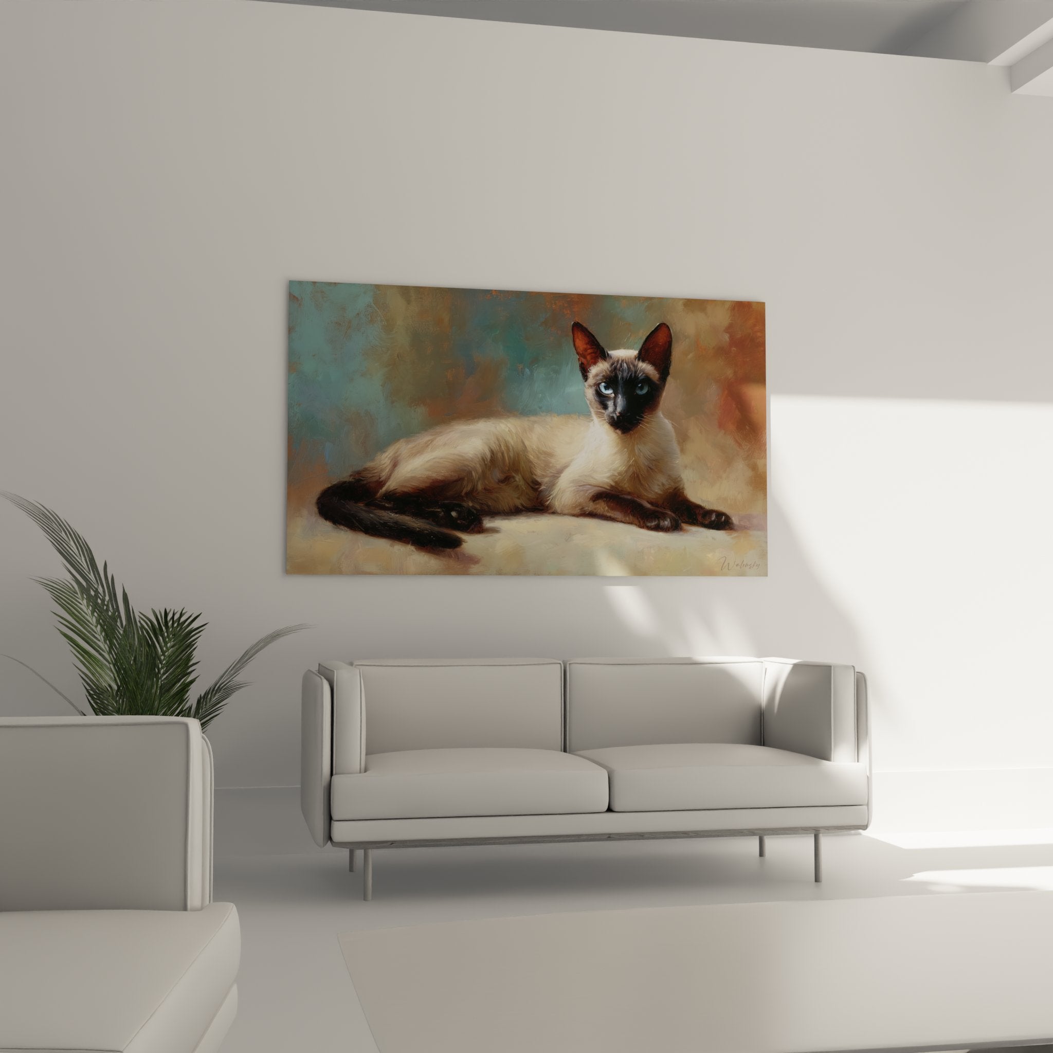 Dettaglio ritratto gatto siamese con occhi blu penetranti, dipinto realistico alta qualità