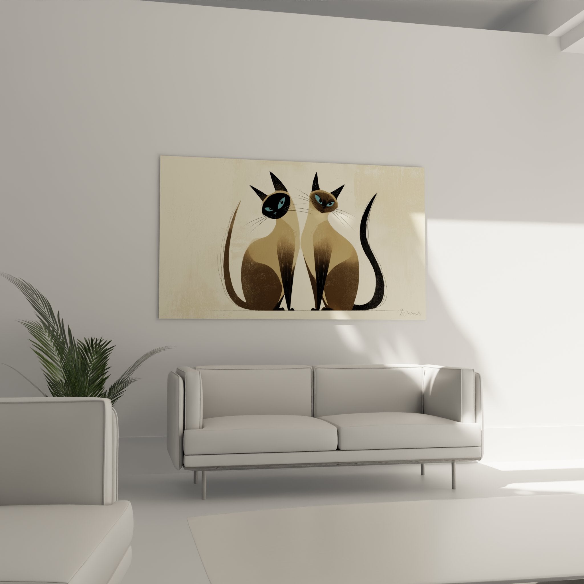 Primo piano sui dettagli artistici del quadro gatti siamesi che mostra gli occhi turchesi espressivi