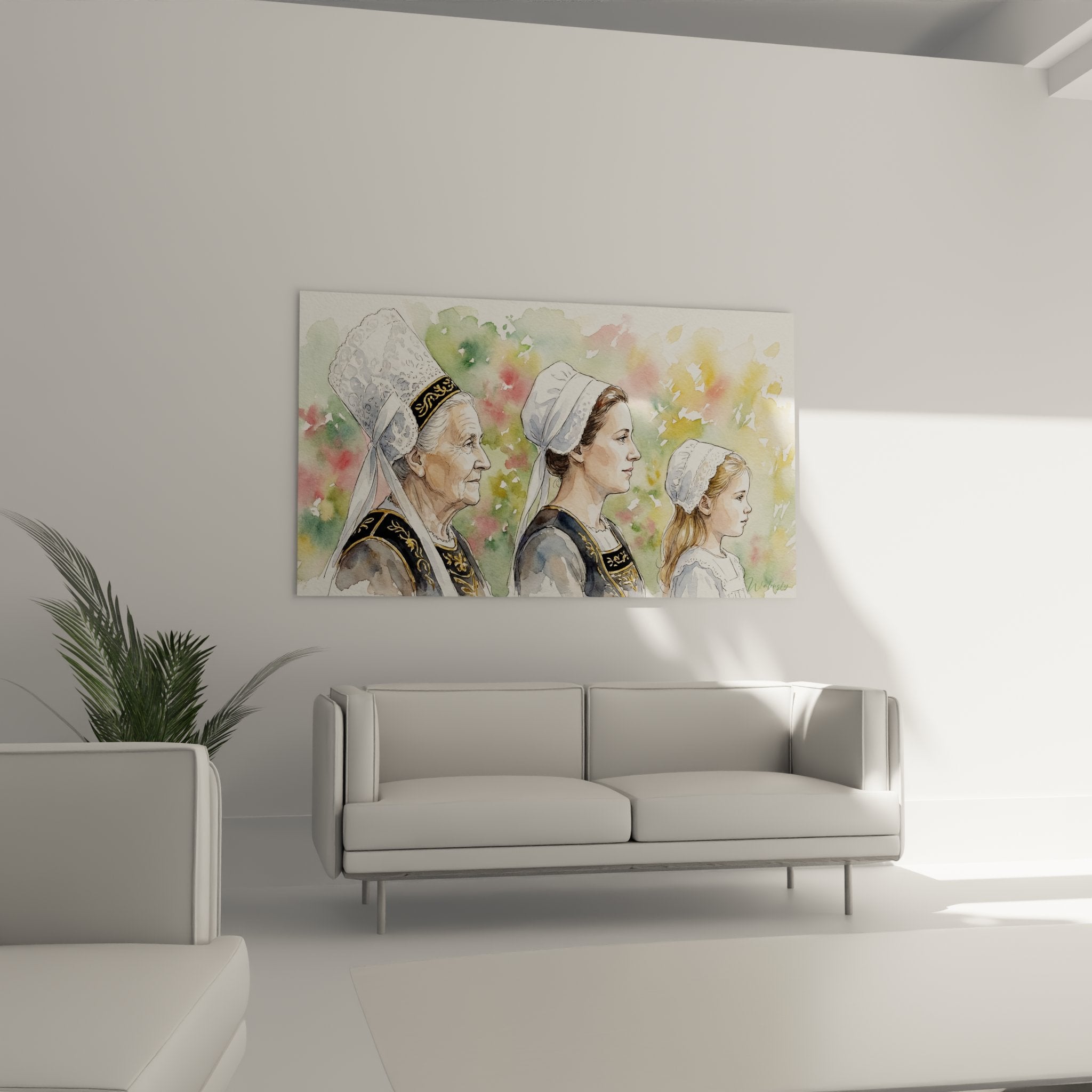 Detail aquarelle visages femmes bretonnes coiffes broderies dorees costumes traditionnels bretagne portrait