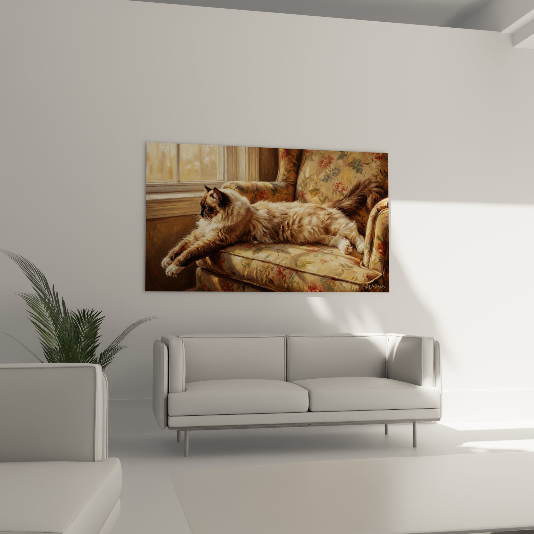 Primo piano di gatto Ragdoll con occhi blu su tessuto floreale, dettagli del manto setoso realistico