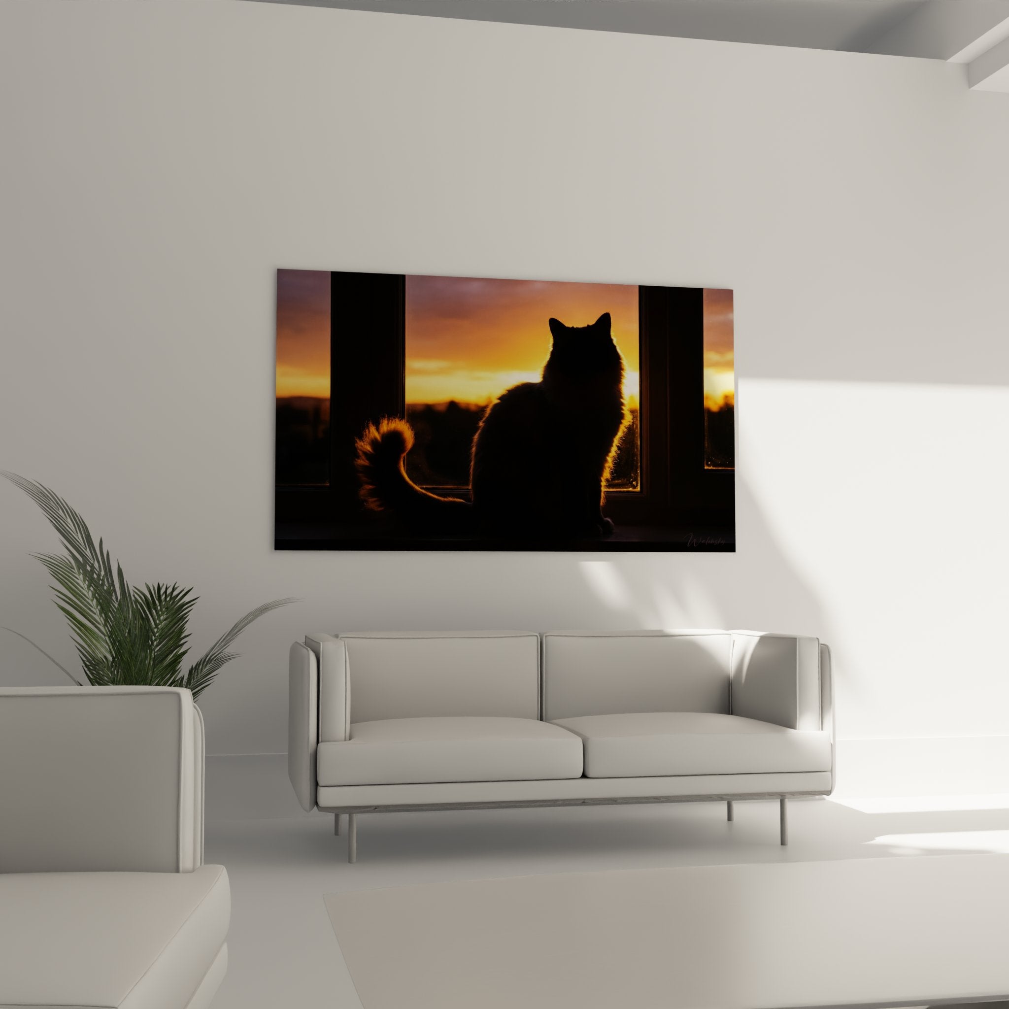 Primo piano sul quadro gatto silhouetta dorata, dettagli della luce calda del crepuscolo sul pelage