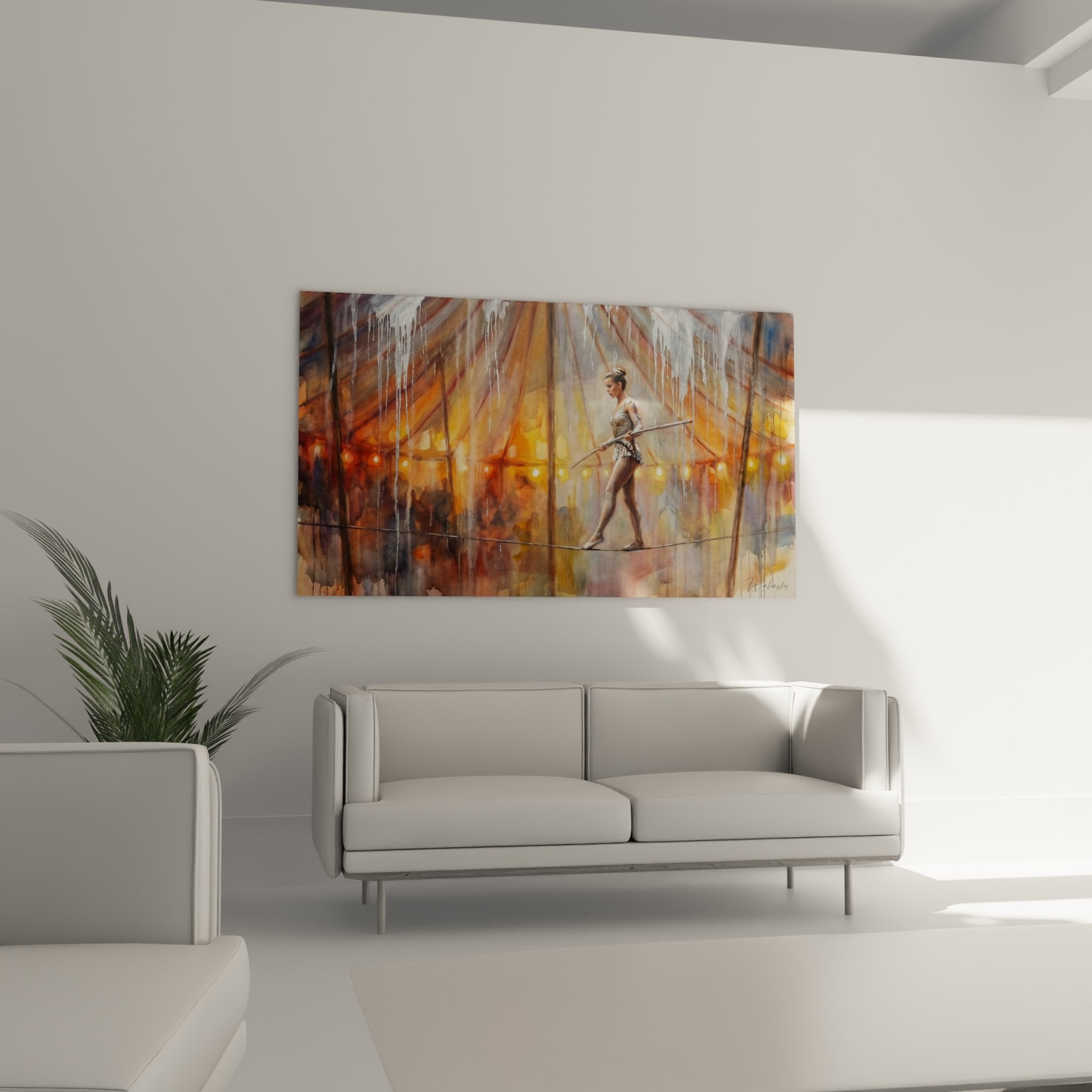 Détail tableau funambule cirque, texture peinture coulures blanches, costume scintillant acrobate sur fil