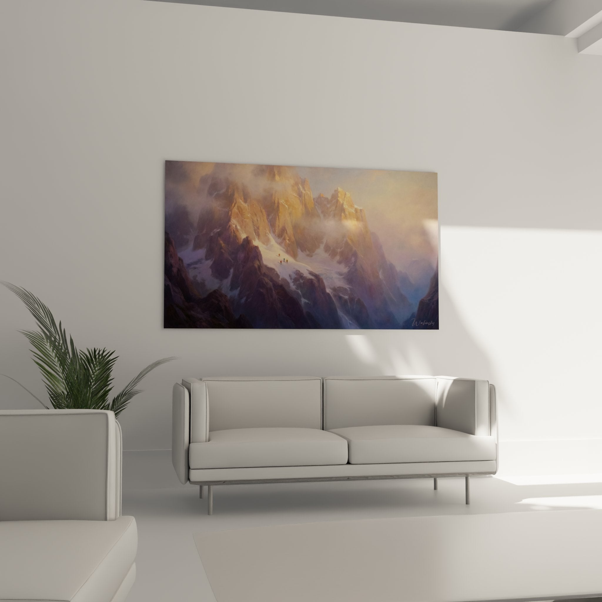 Mountain climbing tableau detail - textured golden rocks and climbers ascending - premium climber art