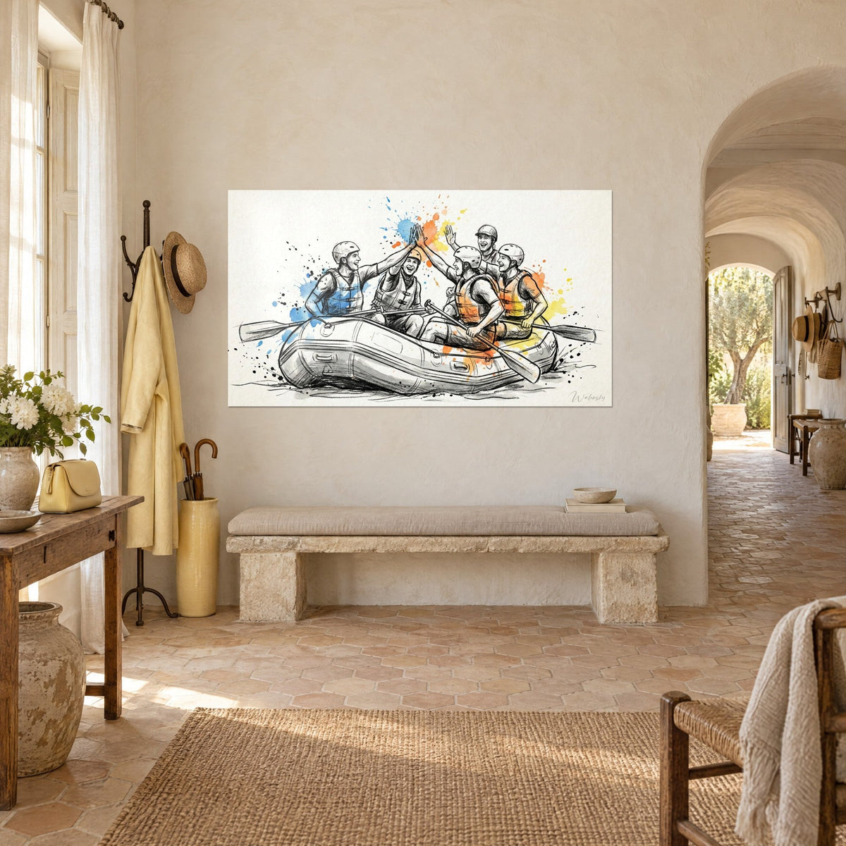 Schilderij rubberboot die door het water snijdt, lachende bemanning, grijze helmen, oranje en blauwe aquarelvlekken, Provençaals stenen boerderijtje