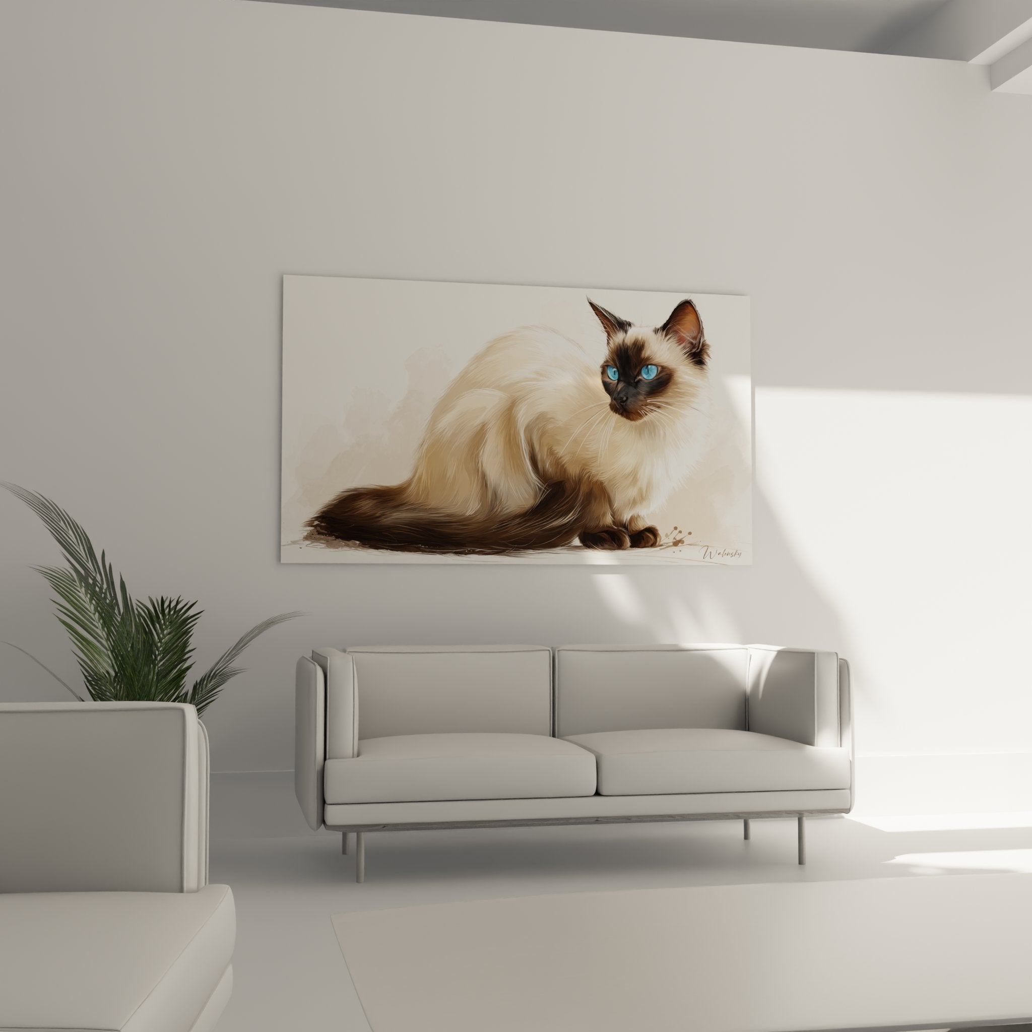 Gros plan sur chat Balinais tableau montrant détails fourrure soyeuse et yeux bleus intenses