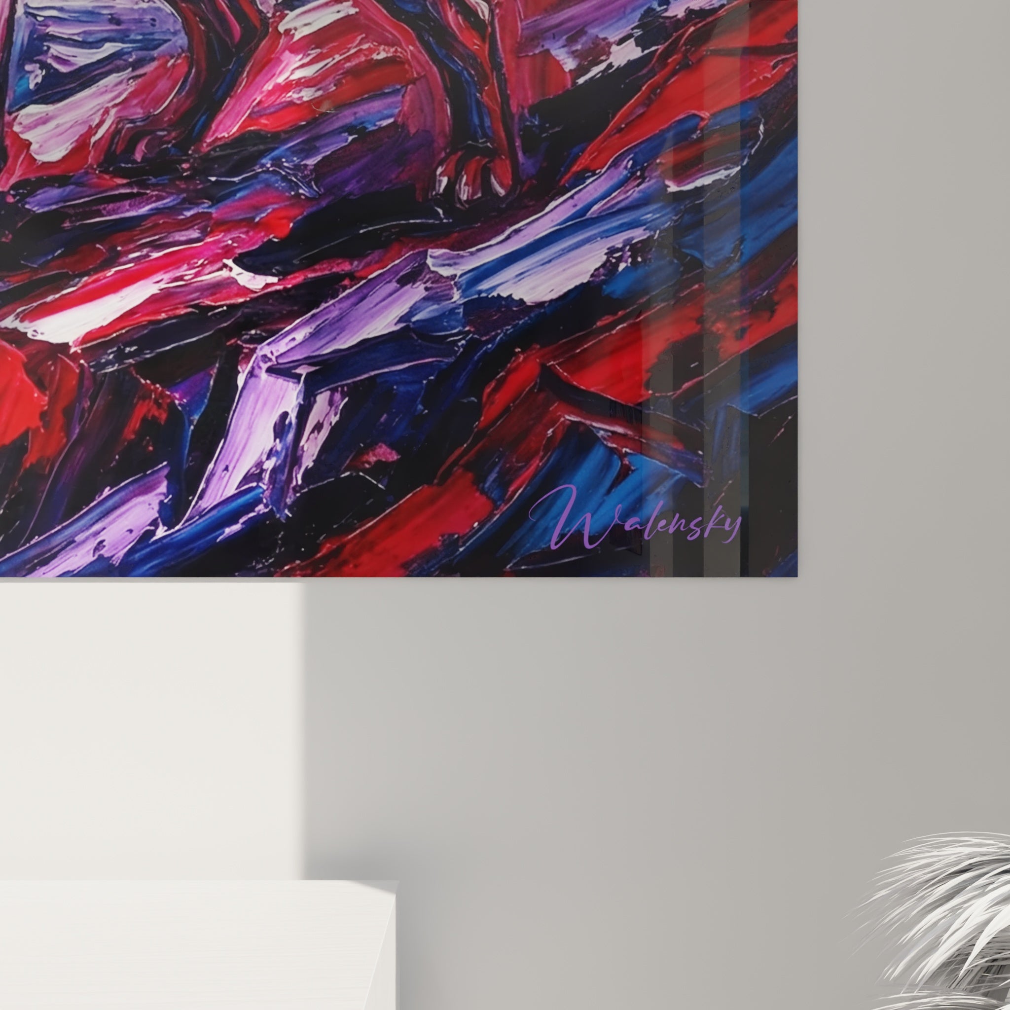 Vue ensemble tableau Bullmastiff tourbillons violets rouges art contemporain decoration murale