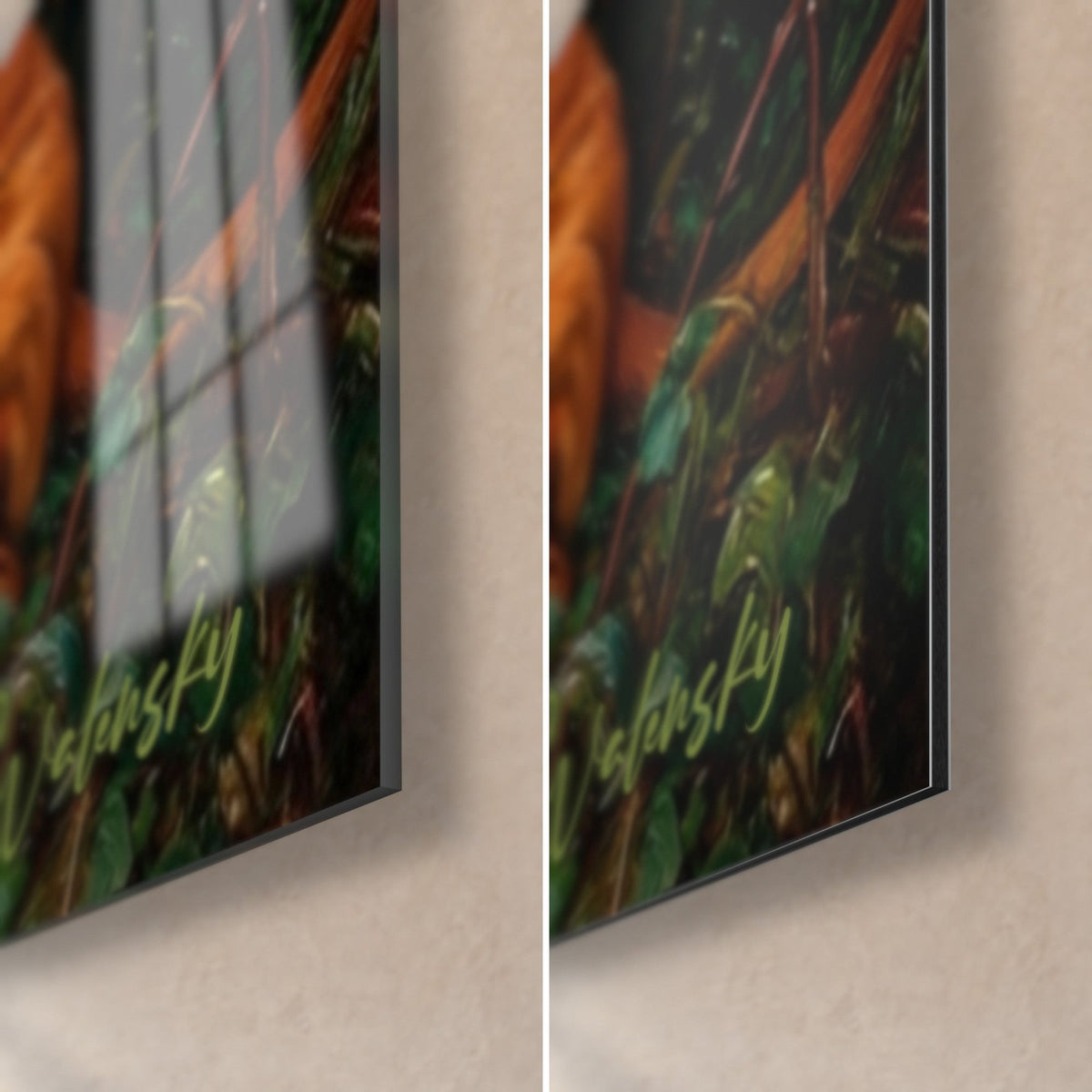 Tableau portail en fer forgé noirci et lierre vert, coin bas droit : verre brillant à gauche, Dibond mat à droite