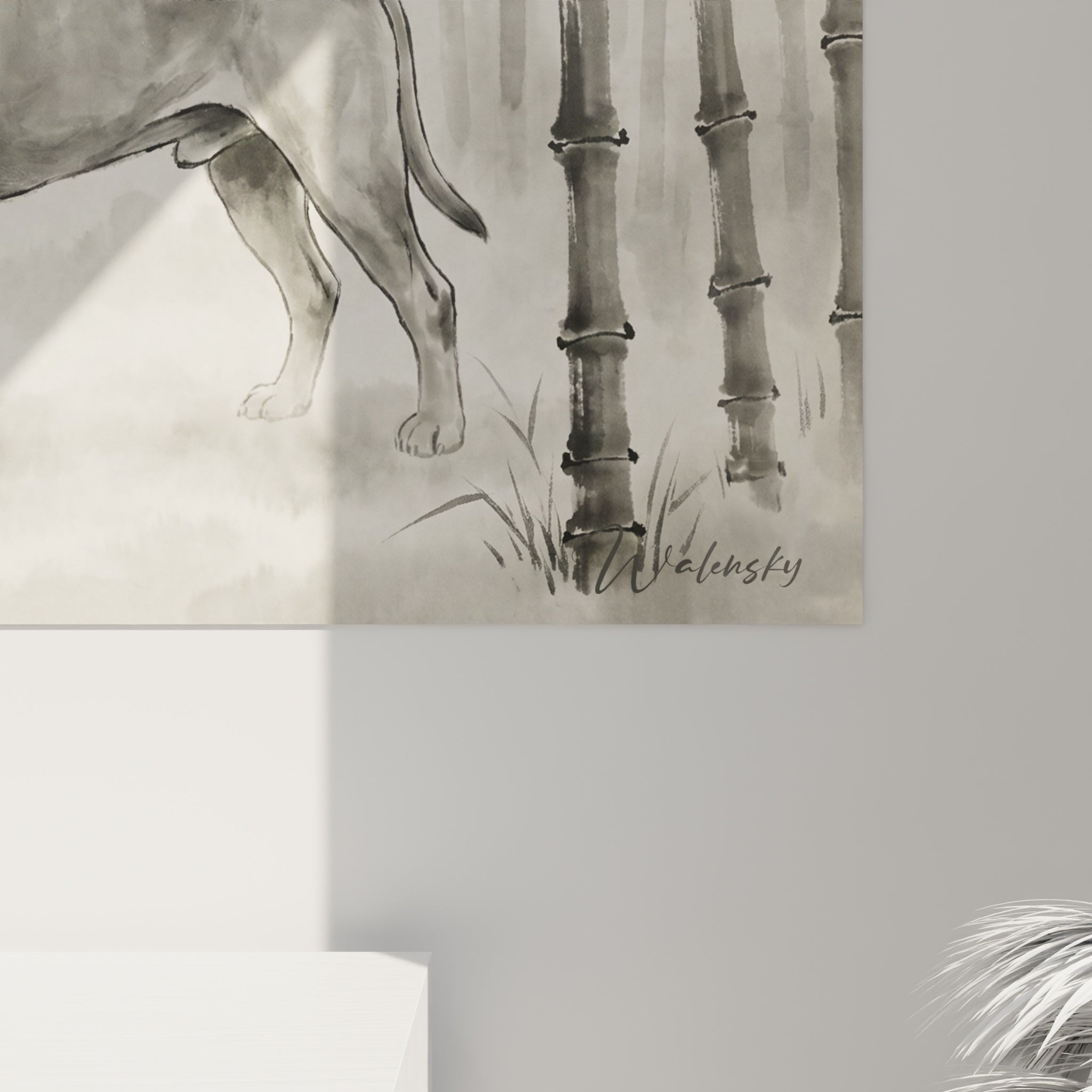 Vue ensemble tableau Bullmastiff bambous gris décoration murale style zen