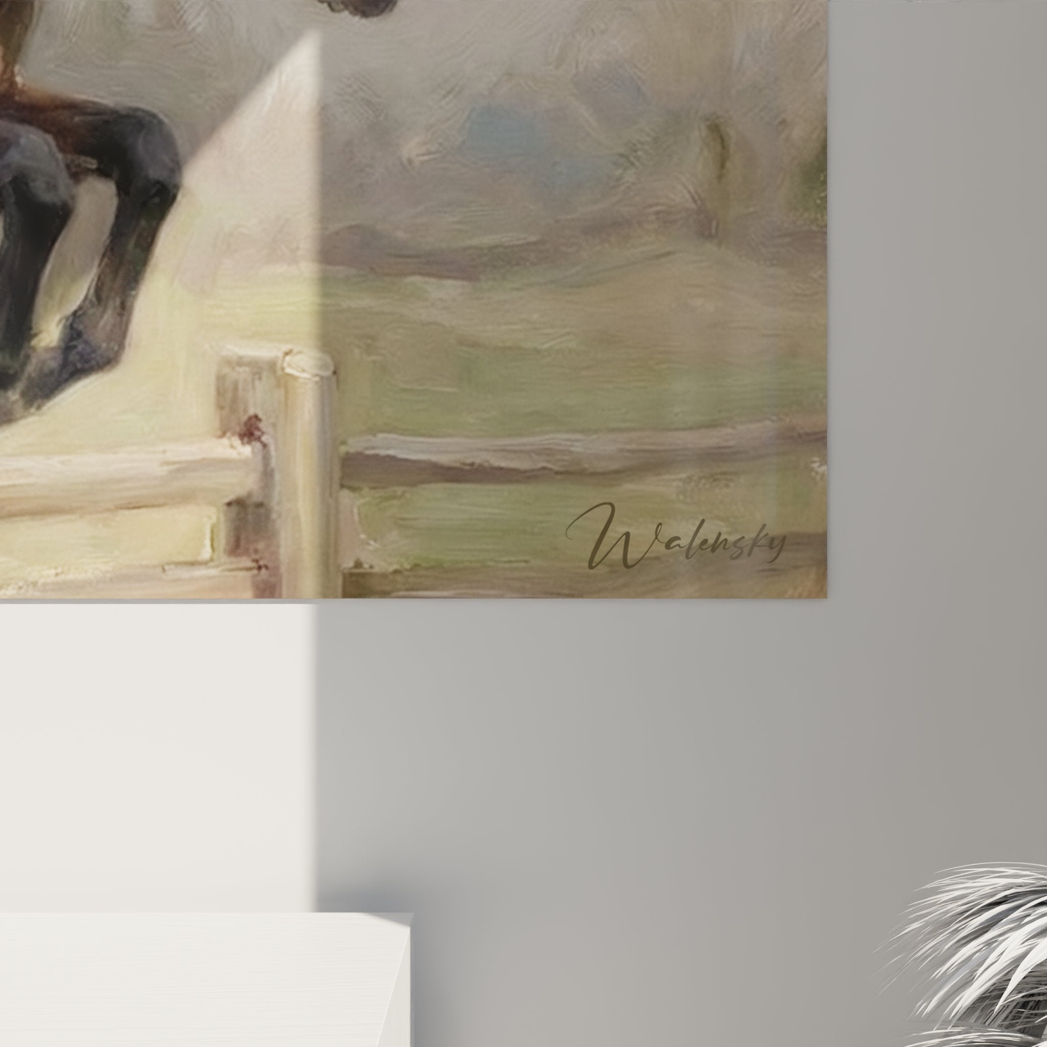 Vue d'ensemble toile équestre accrochée montrant scène saut obstacle hunter cavalier cheval bai