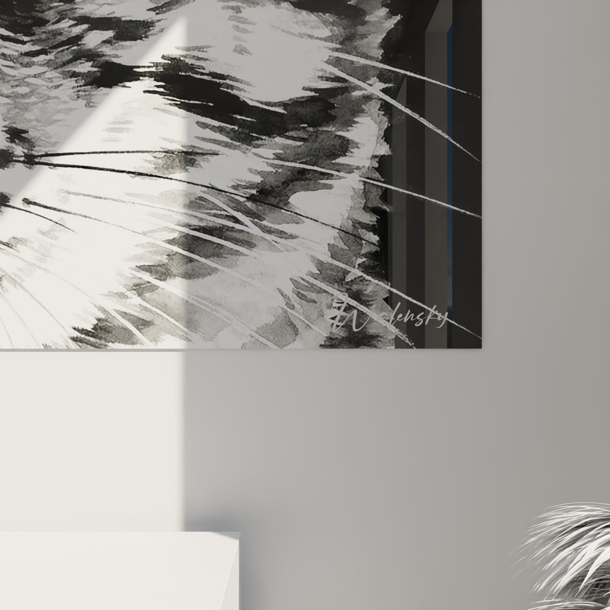 Vue d'ensemble tableau portrait chat American Bobtail noir blanc, cadre moderne pour décoration intérieure