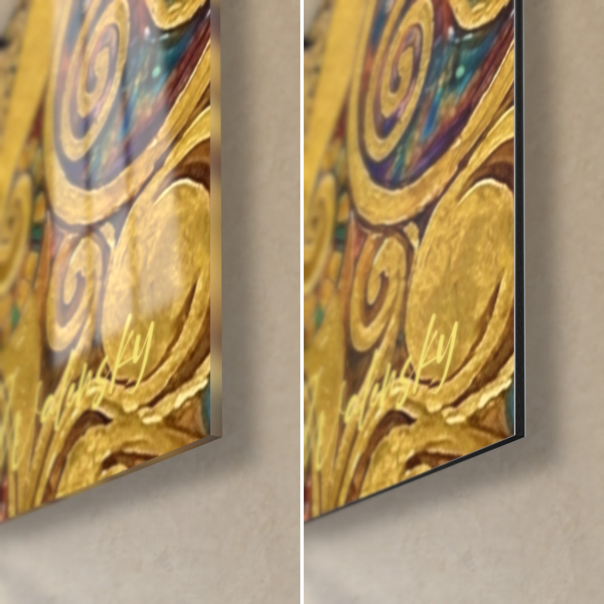 Schilderij Bretonse in witte muts met goud, rechtsonder: glanzend acrylglas links, mat Dibond-aluminium rechts, 3 mm dikte