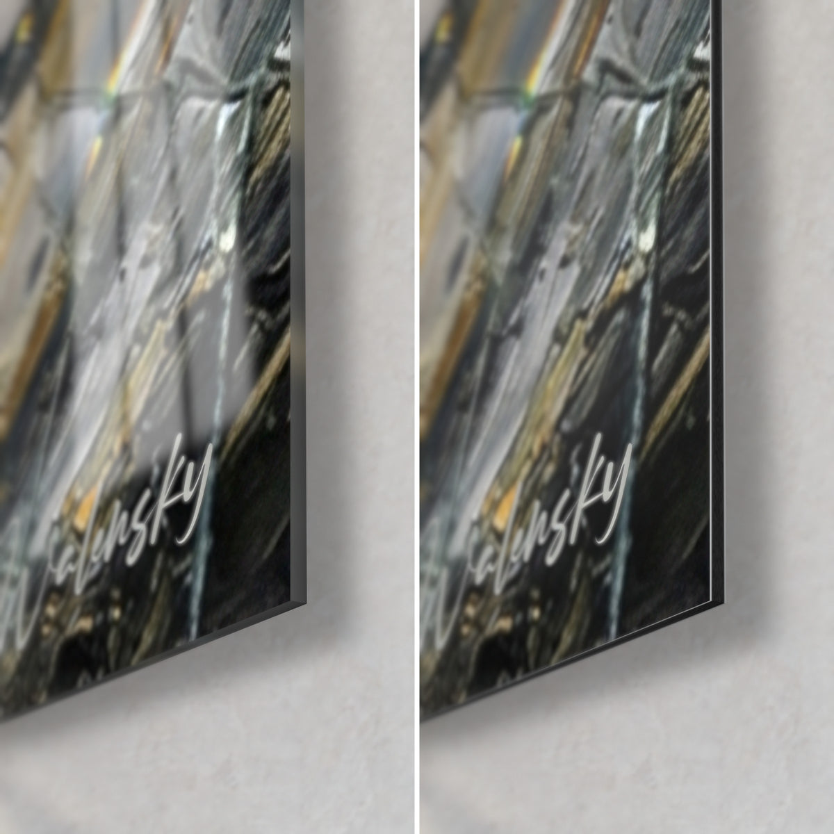 Wall art with fractured peaks in steel grey and ochre, bottom right corner: glossy acrylic glass on the left, matte Dibond on the right
