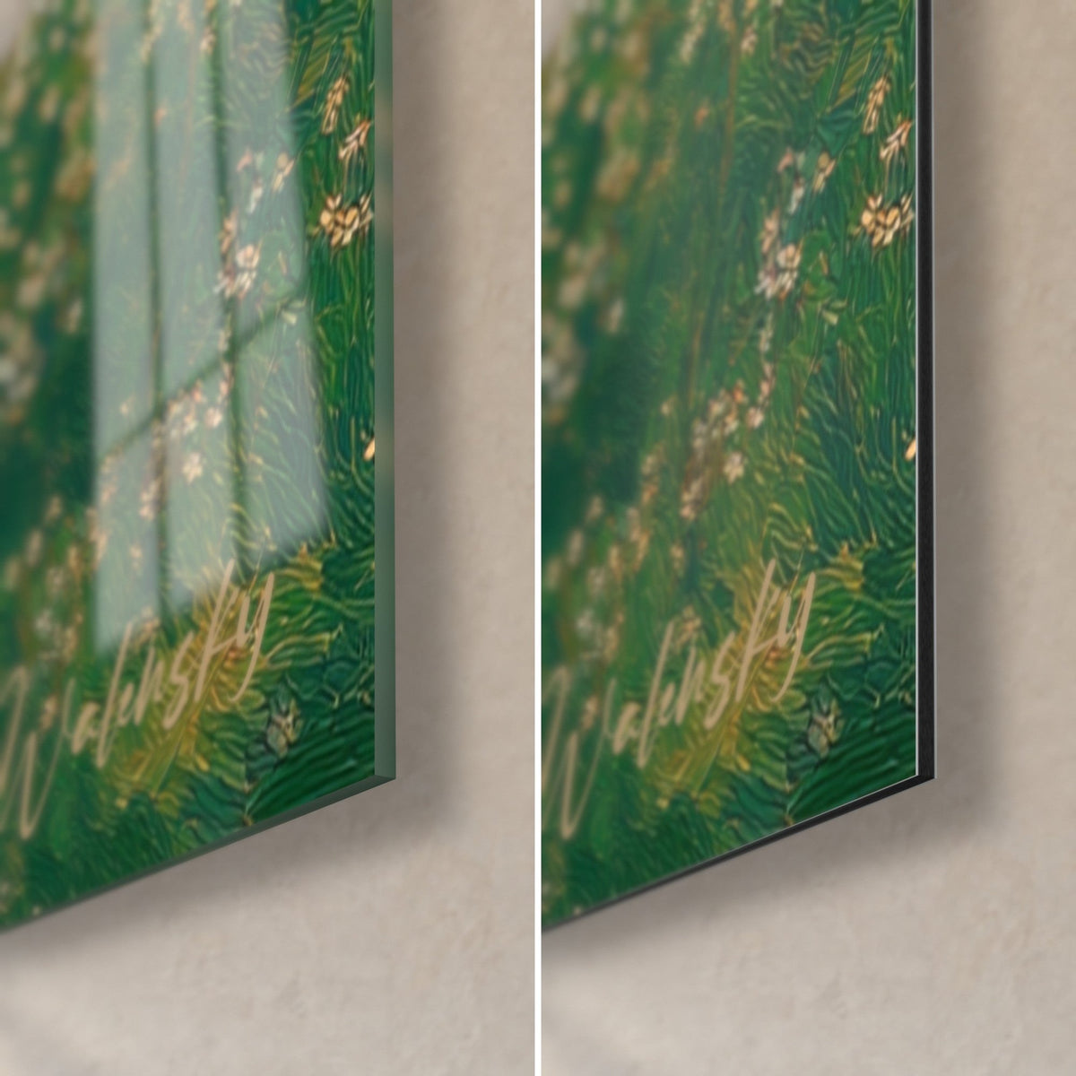 Tableau prairie normande en peinture à l'huile, coin bas droit : verre acrylique brillant vert à gauche, alu Dibond mat à droite, tranche 3 mm