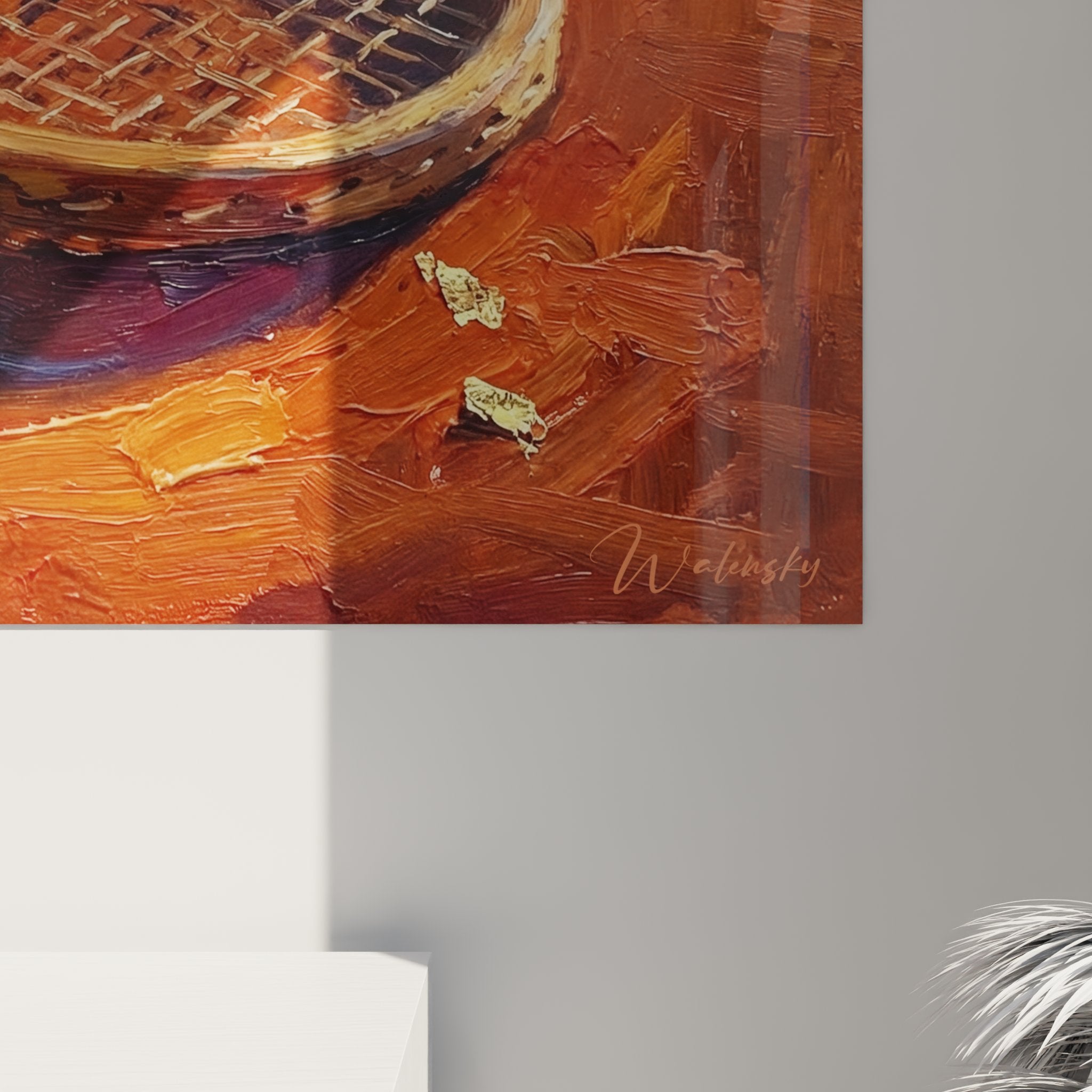 Vue ensemble tableau tennis raquette vintage decoration murale sport tons chauds oranges rouges