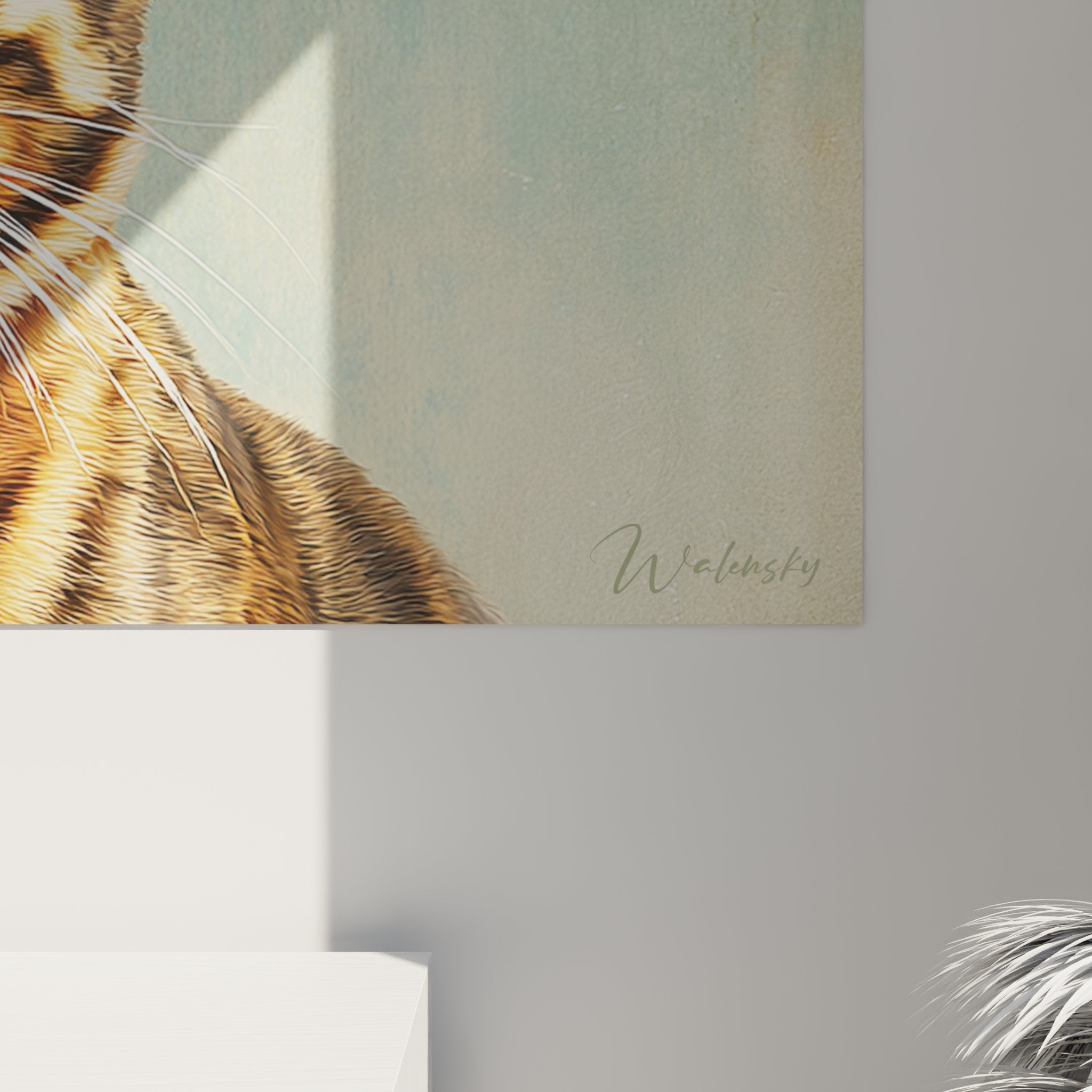 Overview of Toyger cat portrait artwork in contemporary interior with ambient lighting