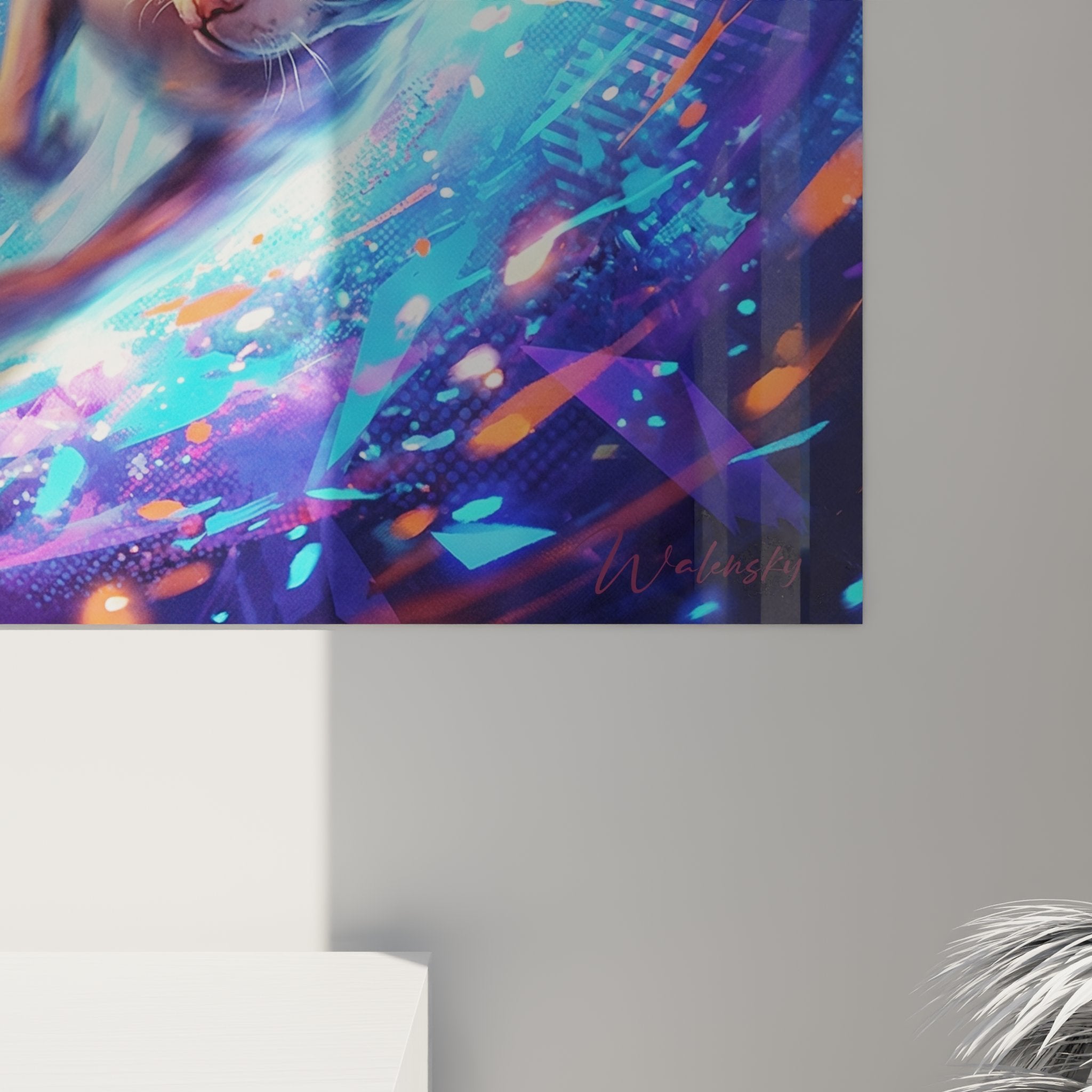 Vista d'insieme quadro murale gatto Cornish Rex cosmico, arte fantastica per decorazione soggiorno moderno contemporaneo