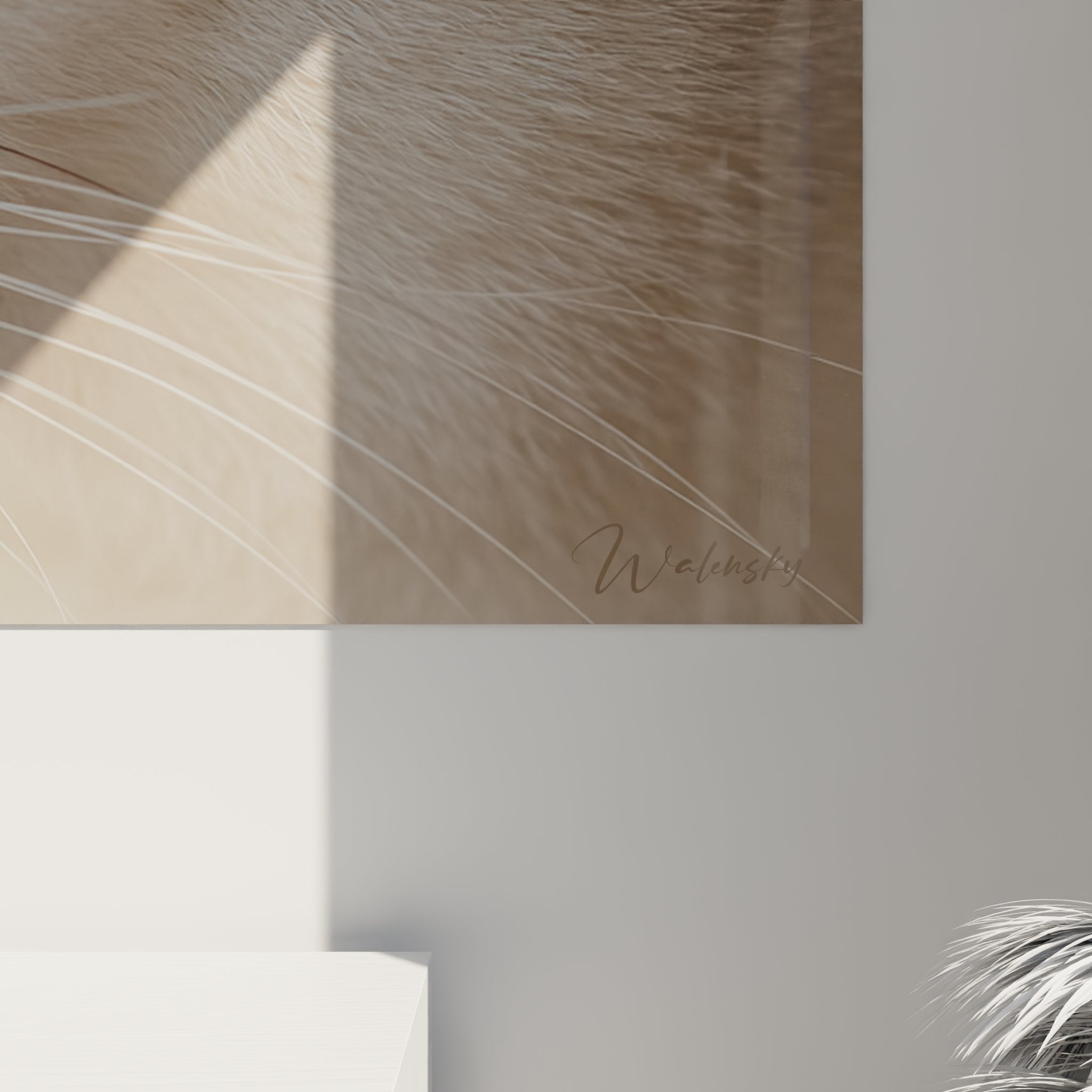 Vue ensemble tableau mural chat Burmilla salon moderne decoration murale art animalier yeux verts captivants