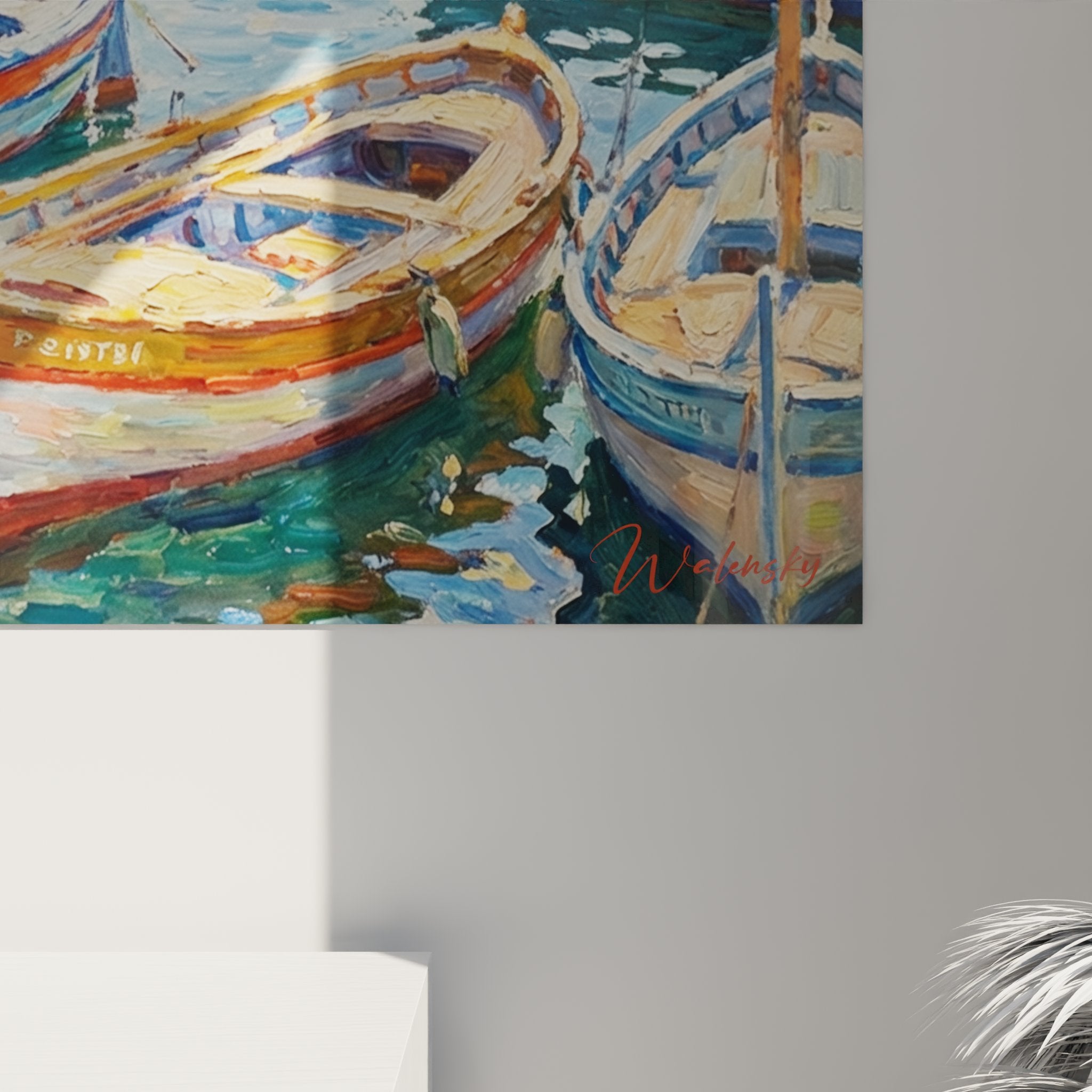 Vue d'ensemble tableau mural port méditerranéen, décoration murale Côte d'Azur avec barques traditionnelles