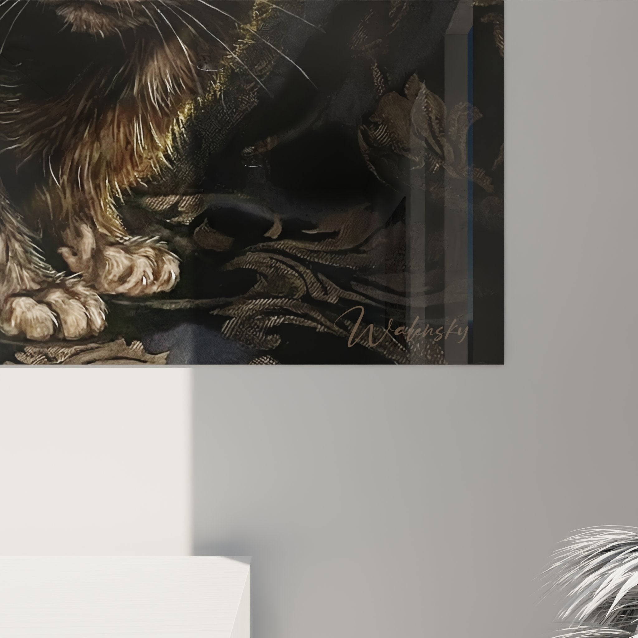 Panoramica del quadro gatto Lykoi in un interno moderno, perfetto per la decorazione murale felina