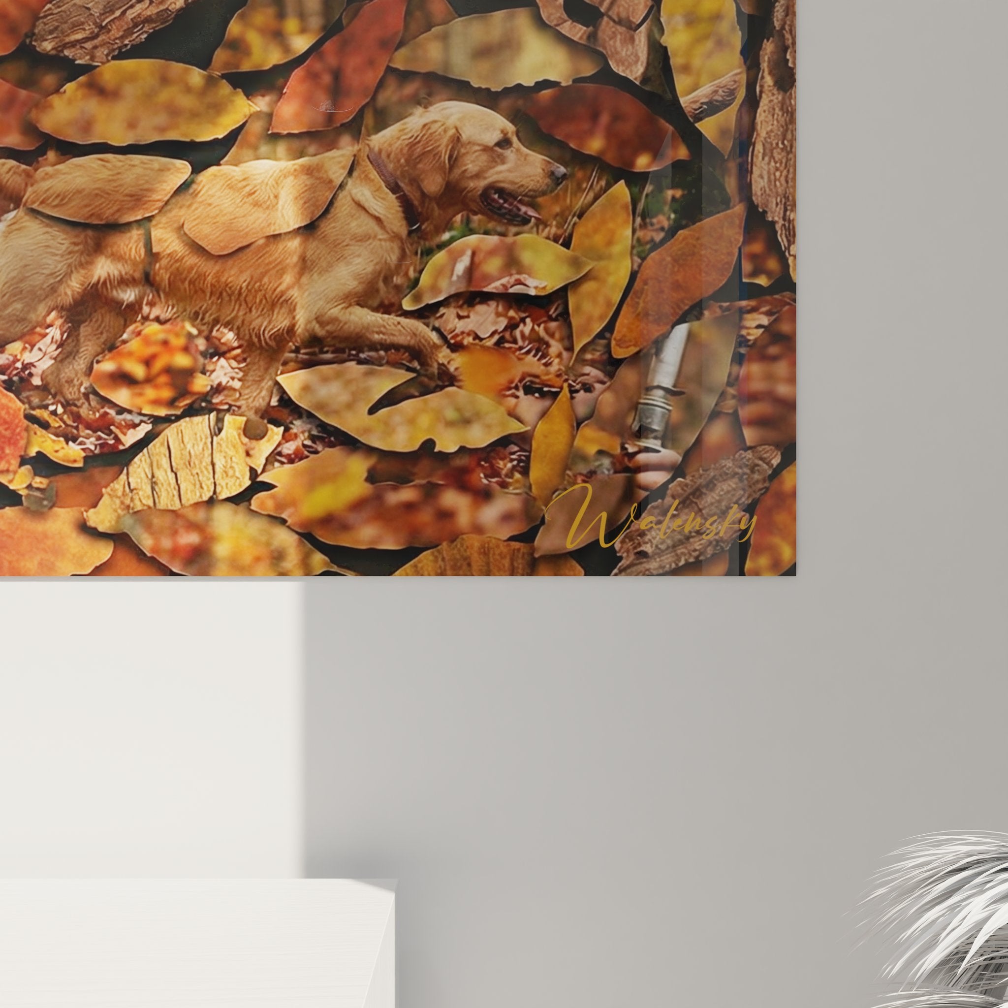 Vue ensemble tableau mural chasse scène chasseur chiens arrêt décor automnal feuillage doré roux