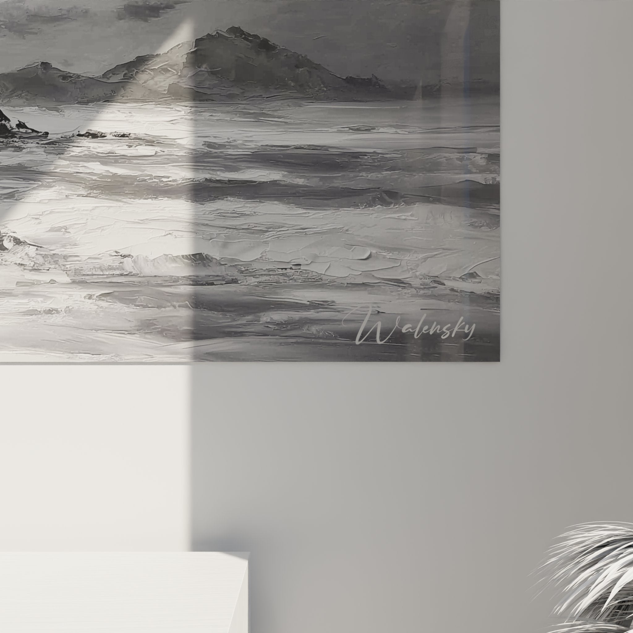 Übersicht Genueser Turm Korsika Gemälde - romantische Meereslandschaftskomposition in Schwarz und Weiß