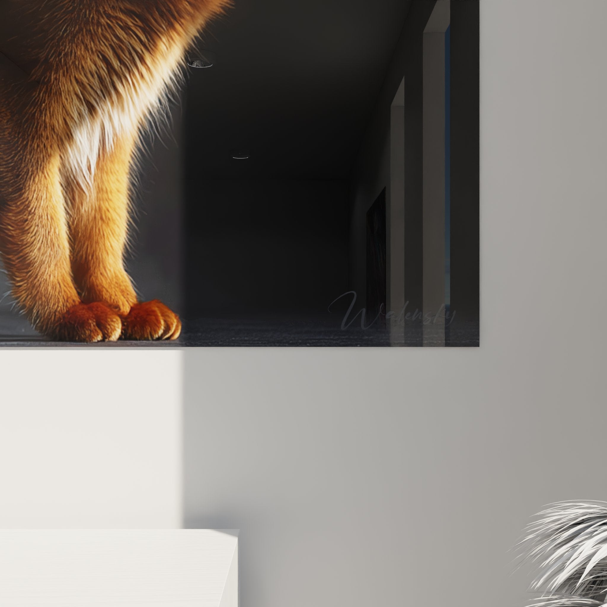 Übersicht des Somali-Katzen-Kunstdrucks in einem zeitgenössischen Interieur mit warmem Licht