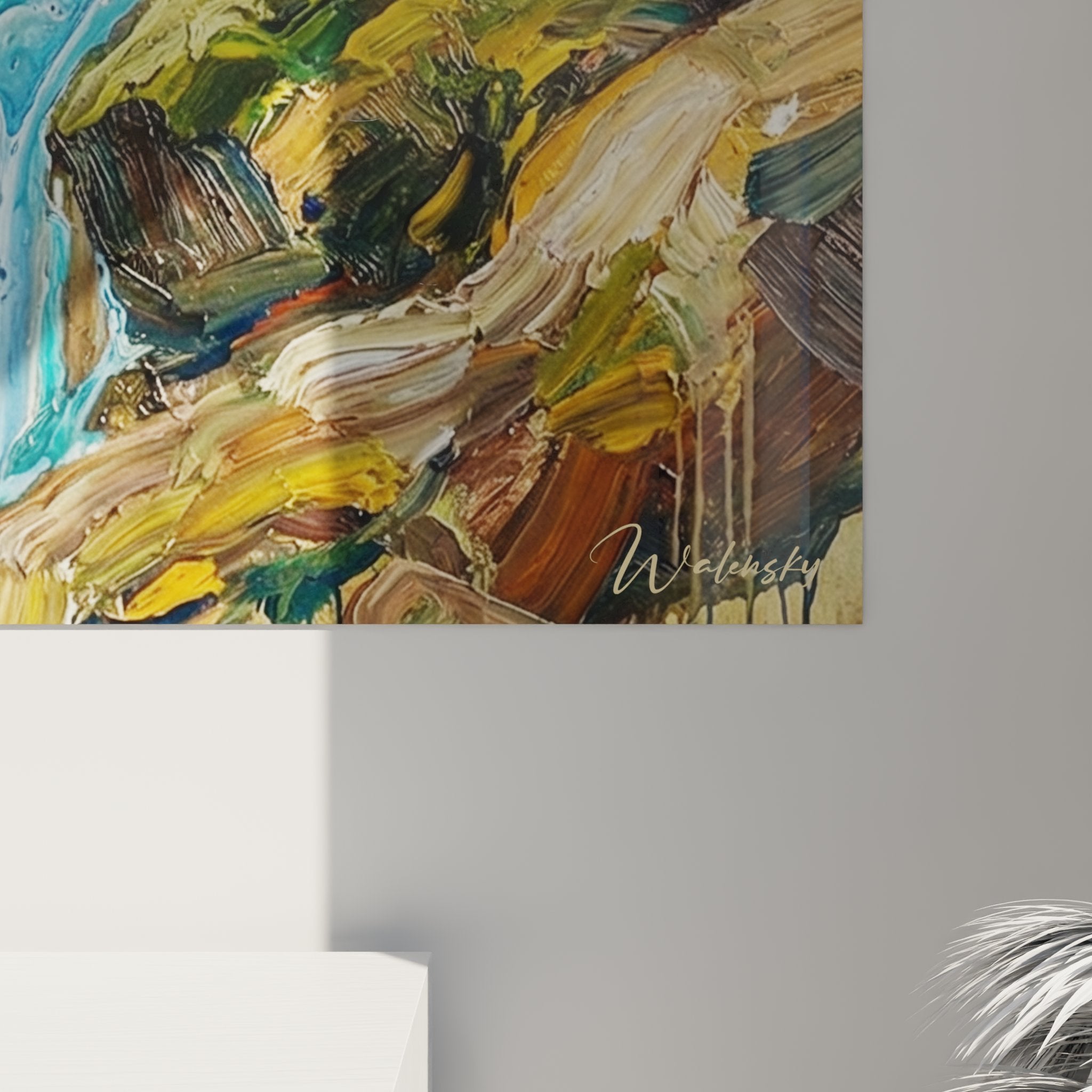 Gesamtansicht alpines Wasserfallbild Wandbehang Innendekoration Naturstil Bergthema