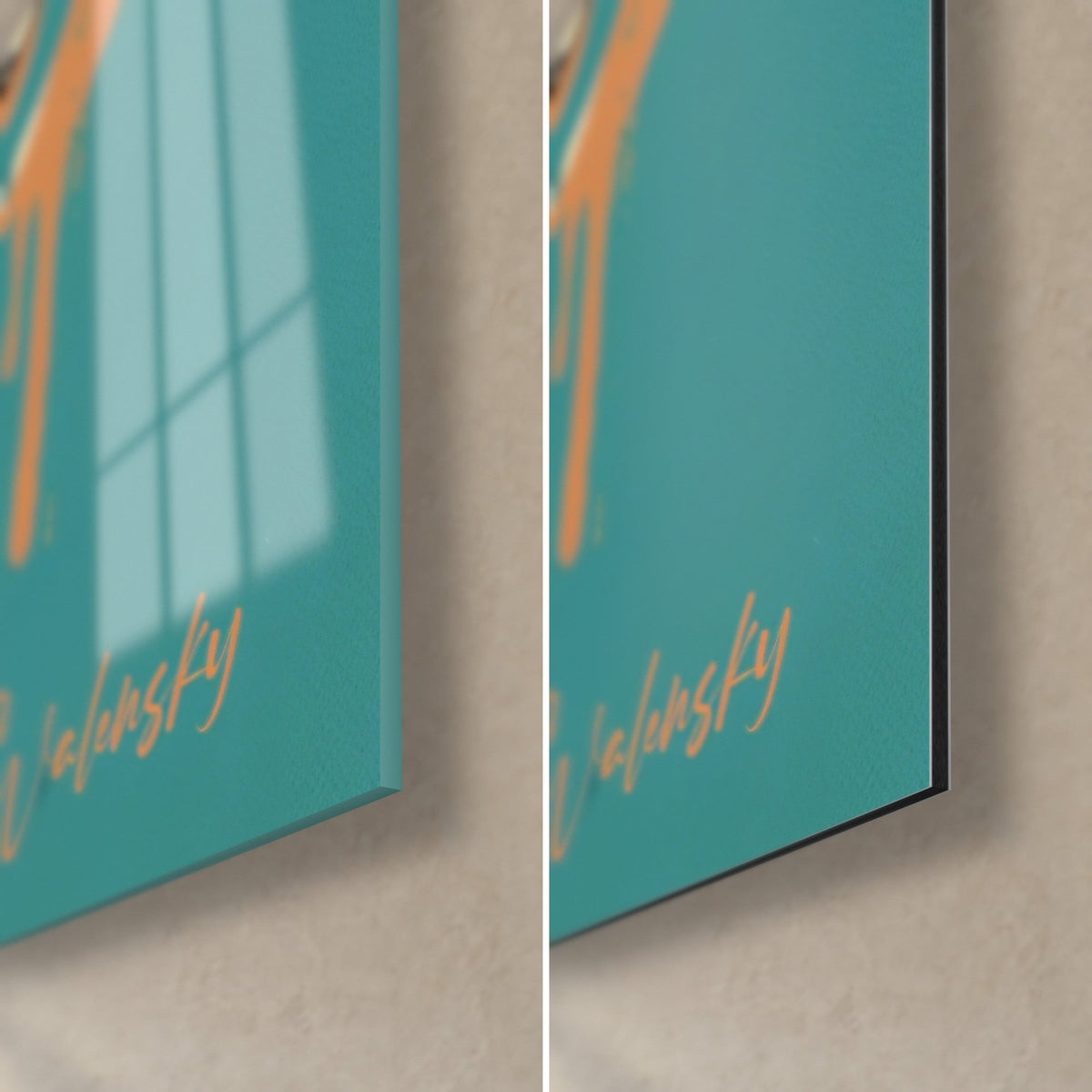 Tableau chat birman, coin bas droit : verre brillant aux reflets de fenêtre, Dibond mat, signature orange, tranche noire de 3 mm