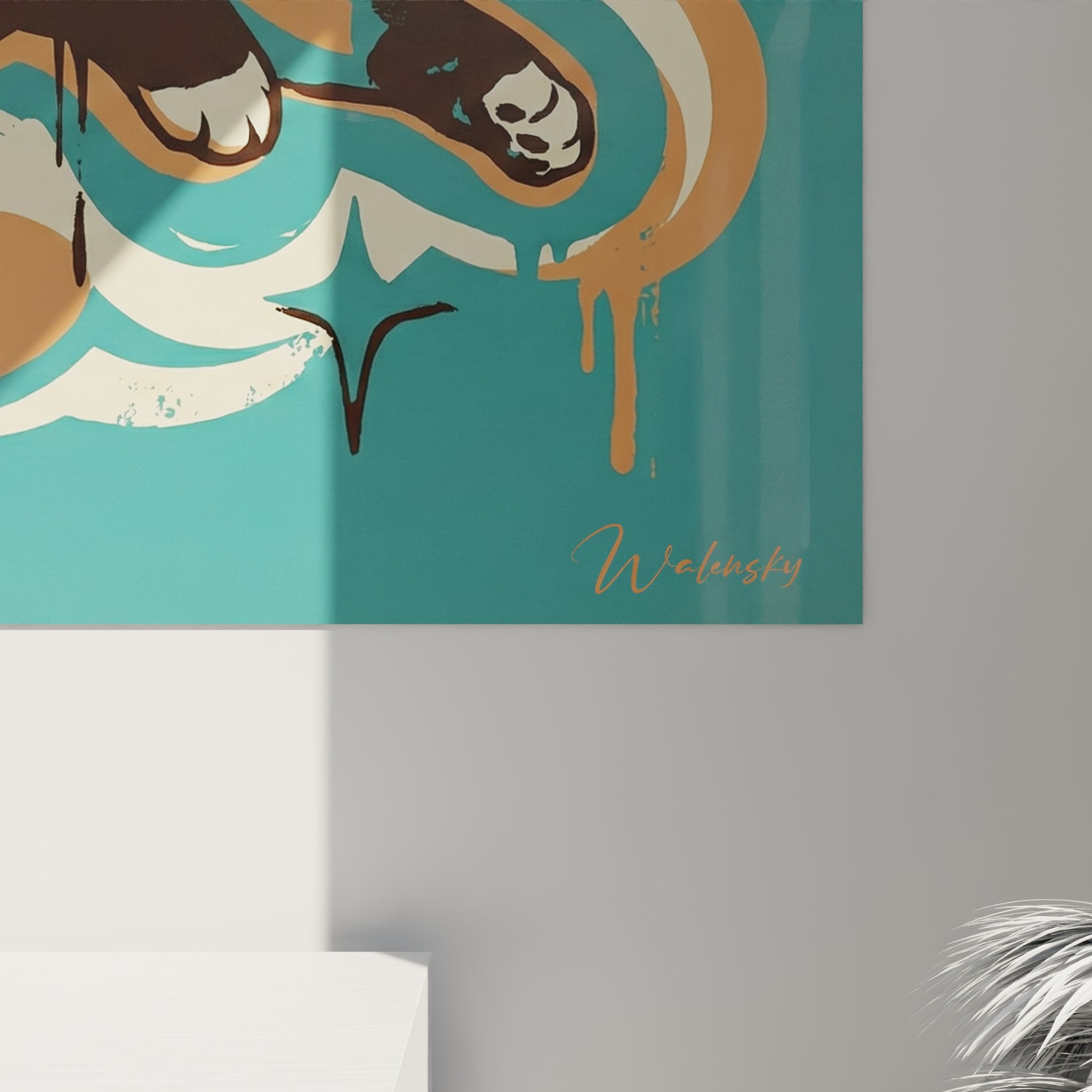 Vista generale quadro murale gatto Birmano stile grafico contemporaneo fluidità teal arancione decorazione interni