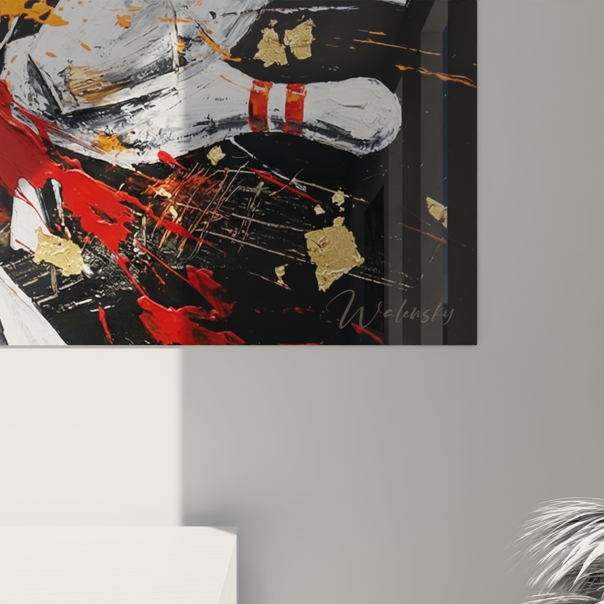 Overall view of dynamic strike bowling wall art in contemporary styled interior decor