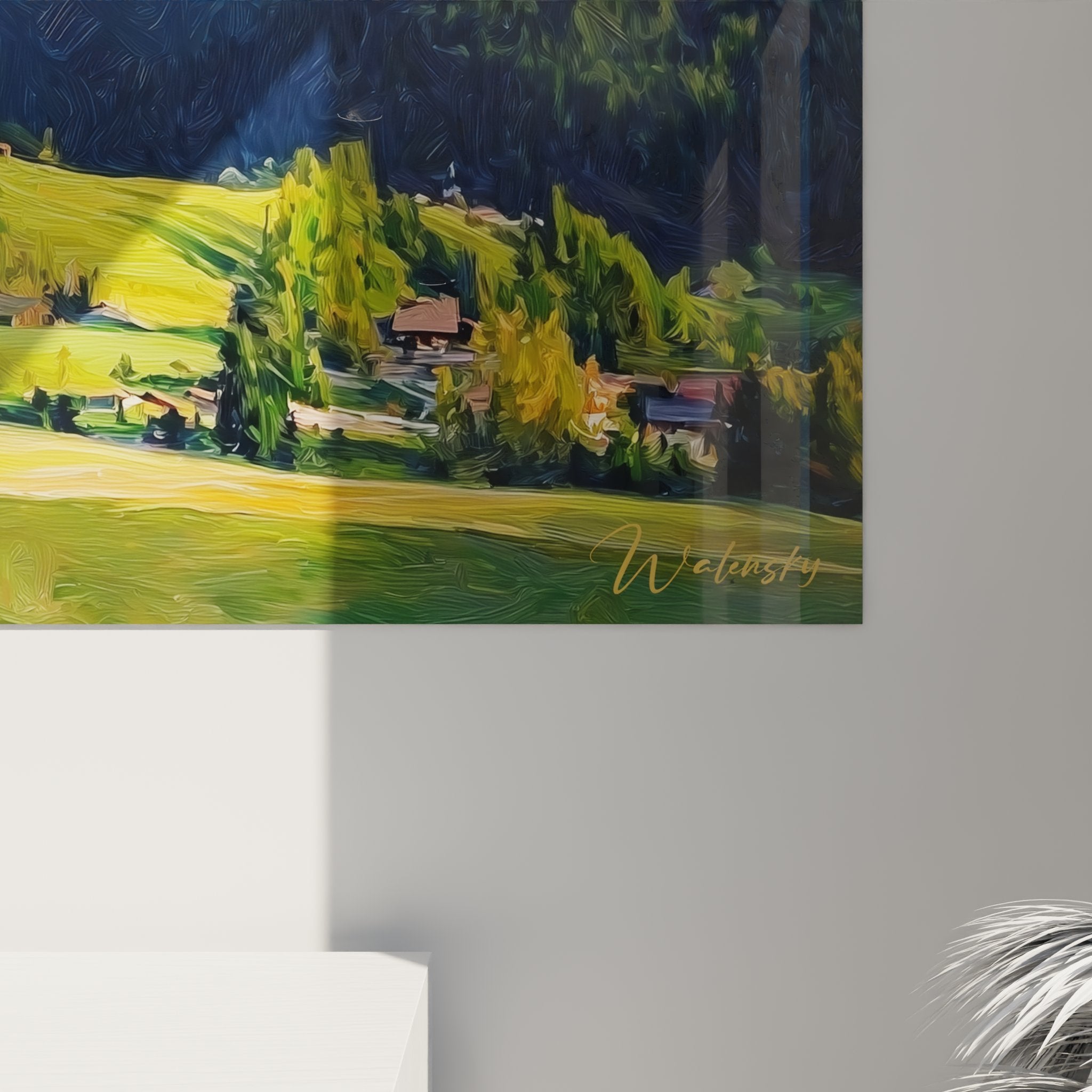 Vista d'insieme quadro Dolomiti in soggiorno moderno che unisce decorazione di montagna ed eleganza contemporanea