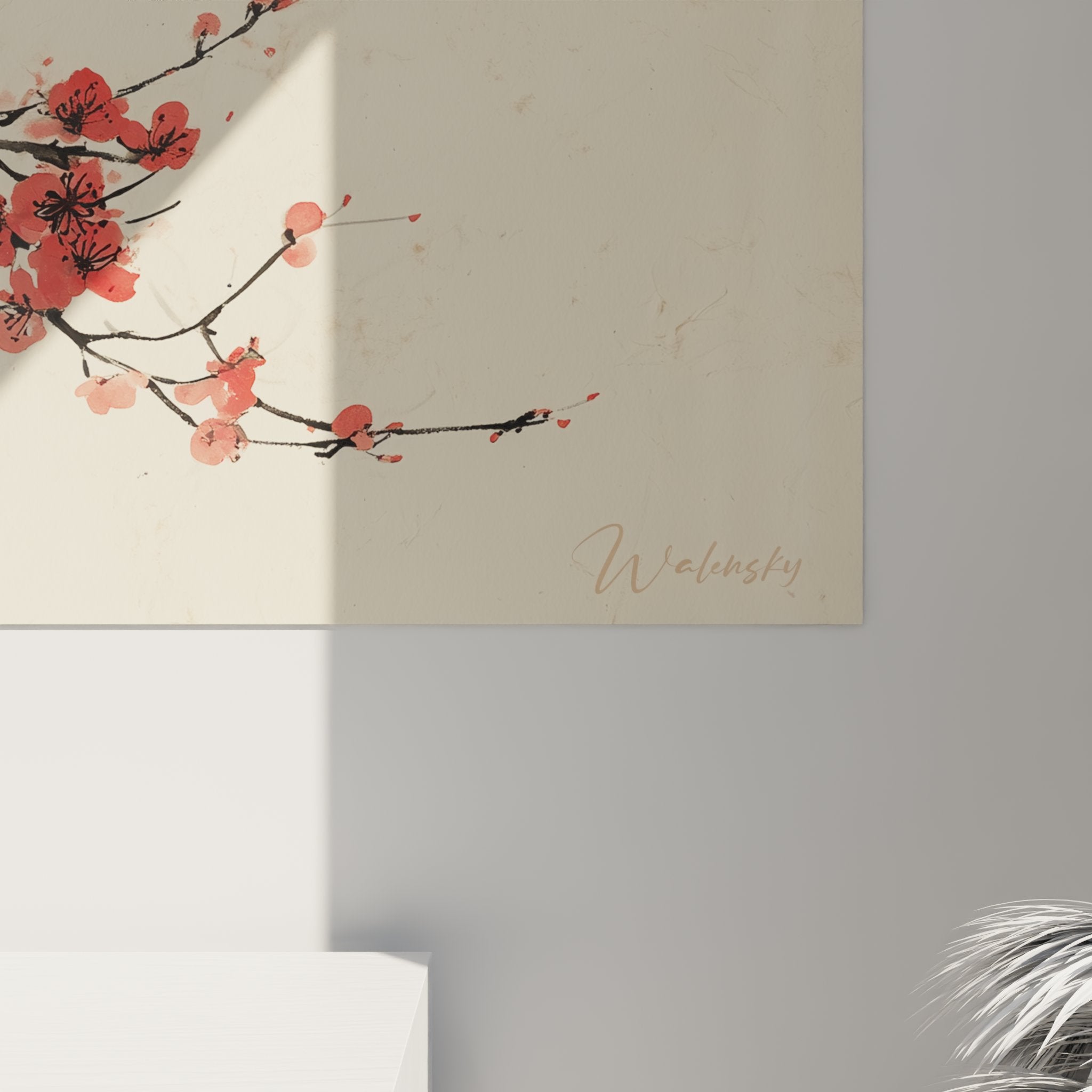 Vue ensemble tableau mural chat Bombay fleurs prunier decoration interieur style zen asiatique moderne