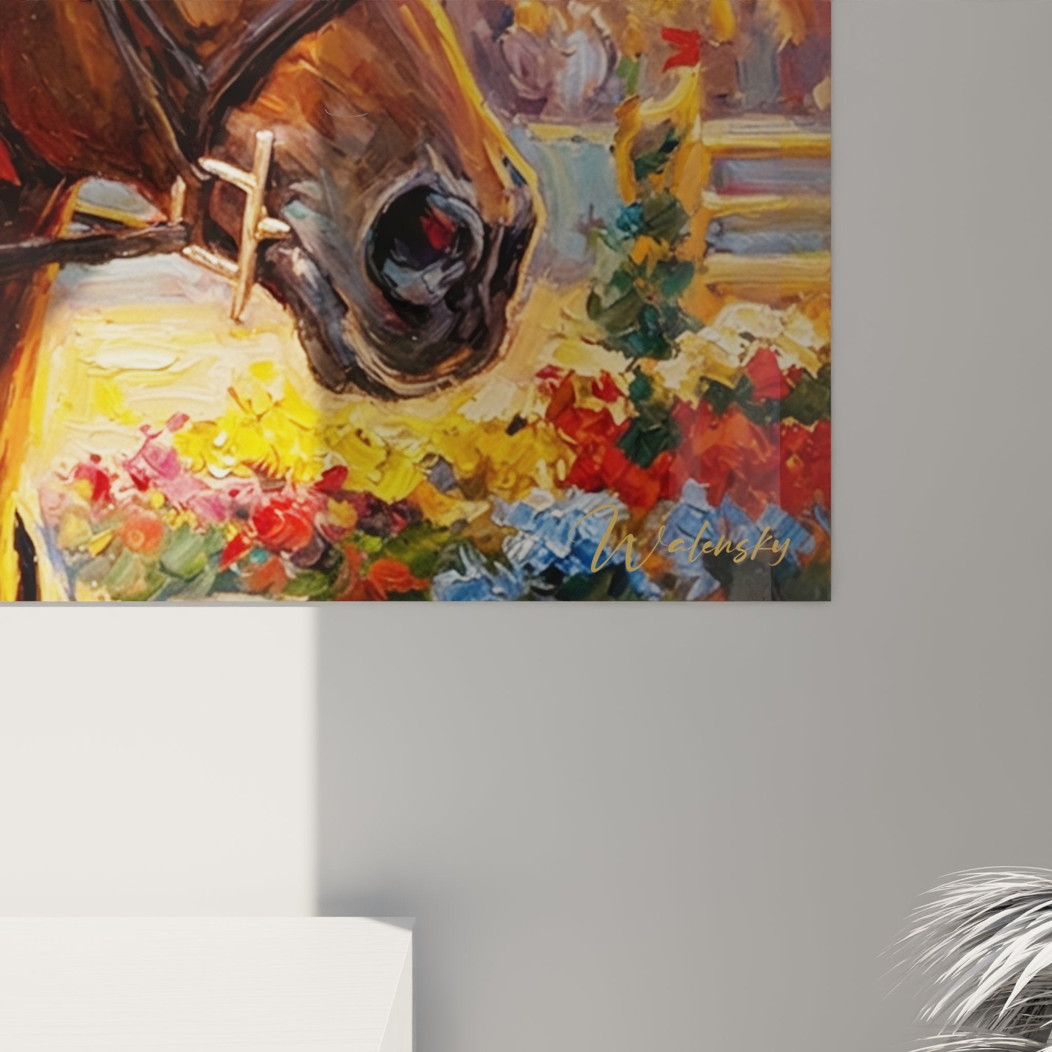 Vista d'insieme del quadro cavallerizza vittoriosa in un interno moderno con toni equestri